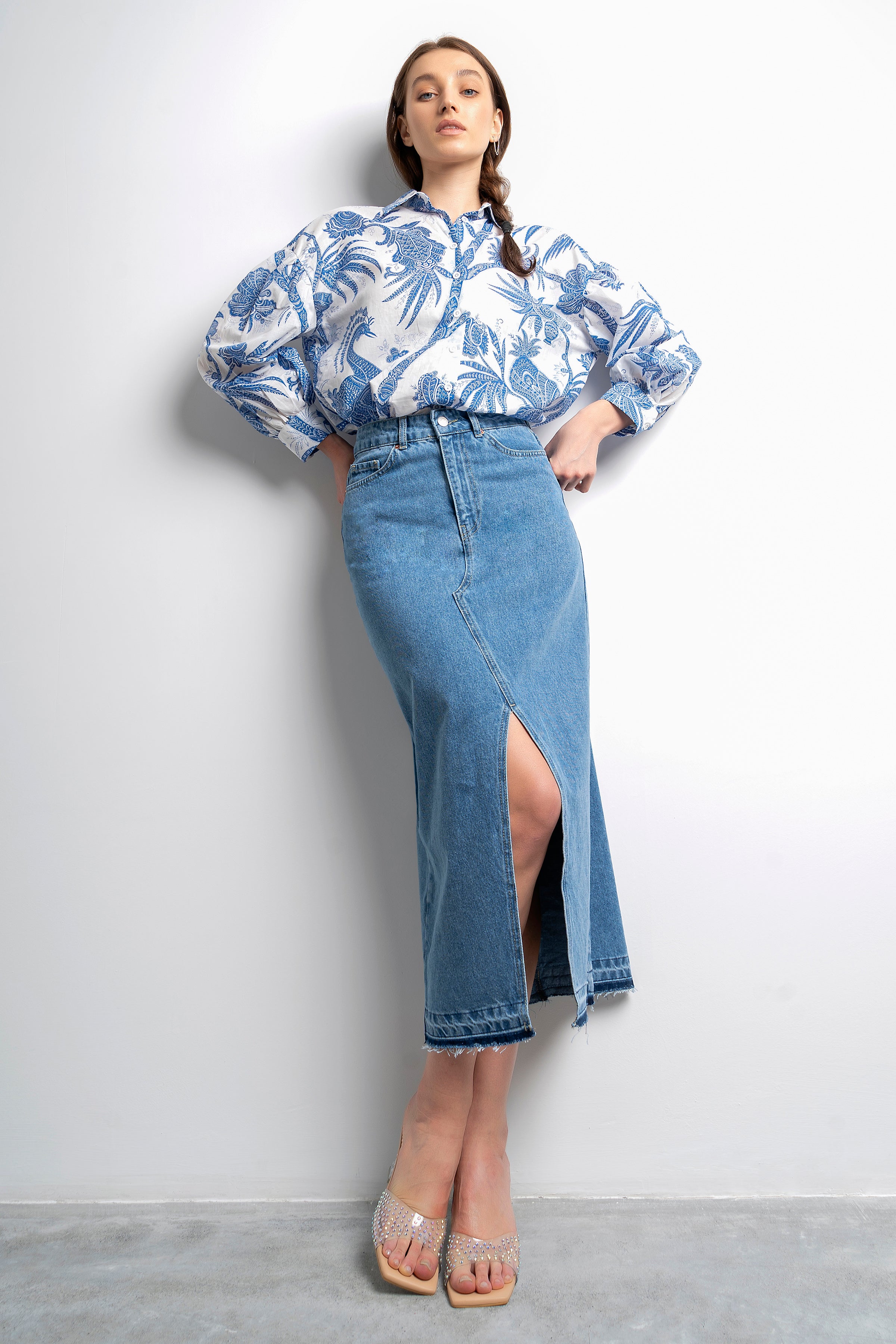Women's Blue Color Deep Slit High Waist Long Denim Skirt