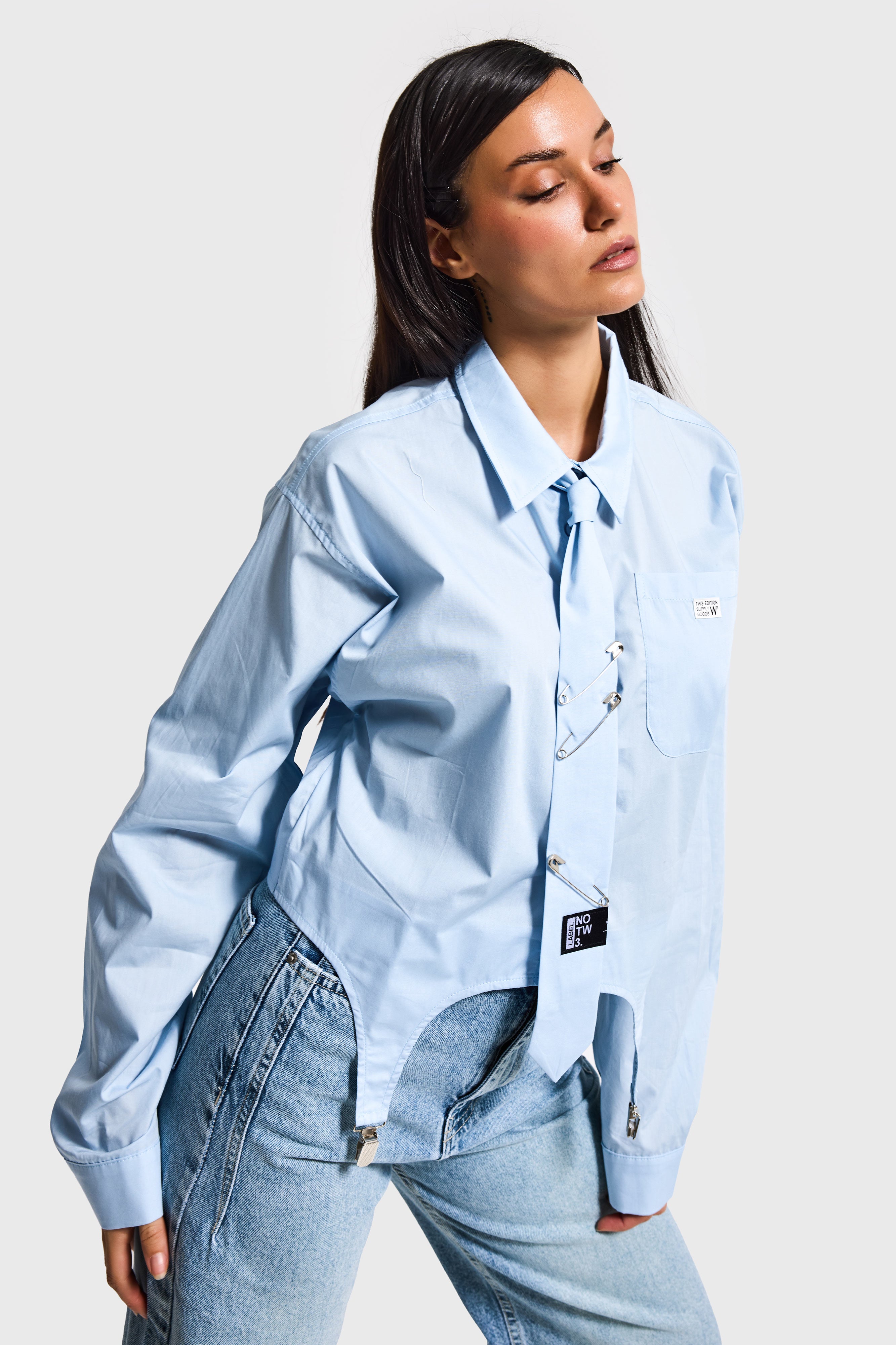 Kadın Mavi Renk Kravatlı Tasarım Bol Kesim Gömlek