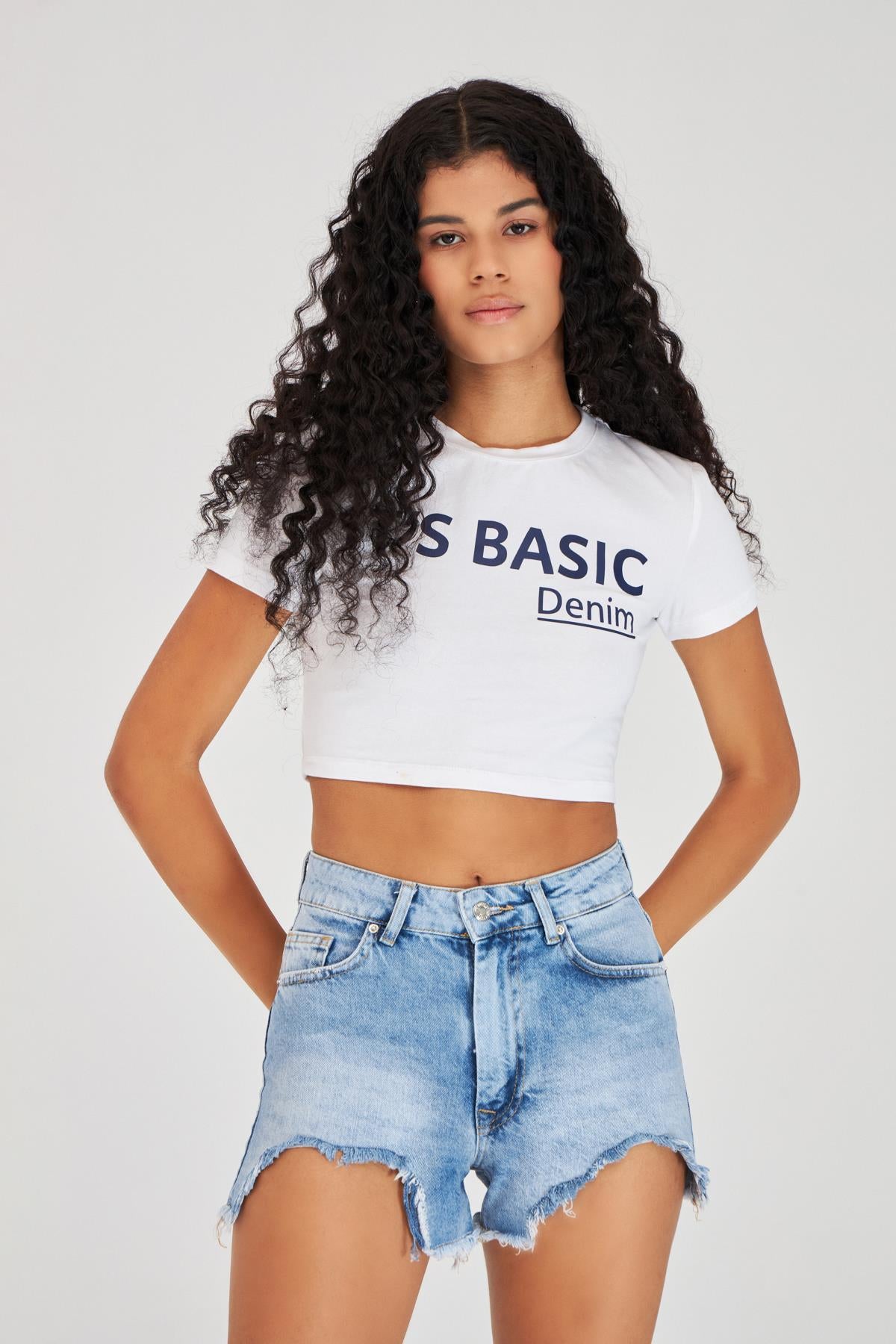 Women's Blue Color Laser Cut Detailed Jean Shorts