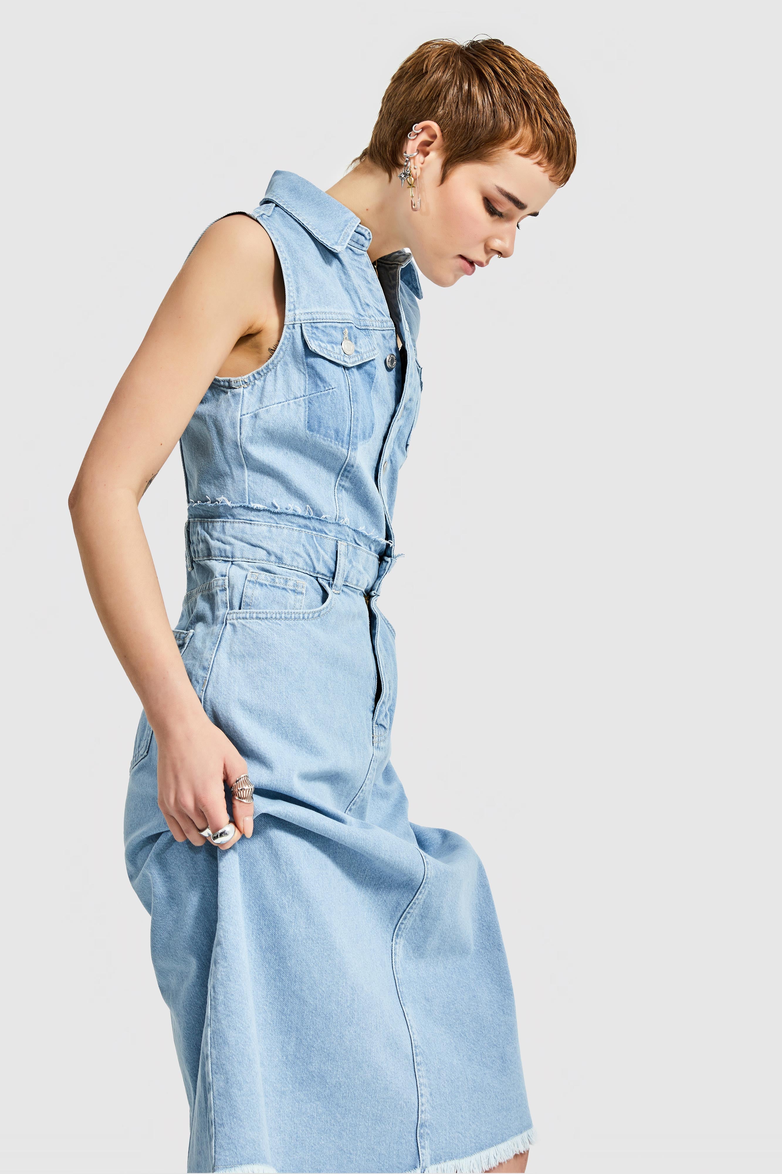 Kadın Mavi Renk Midi Boy %100 Koton Önü Düğmeli Denim Elbise