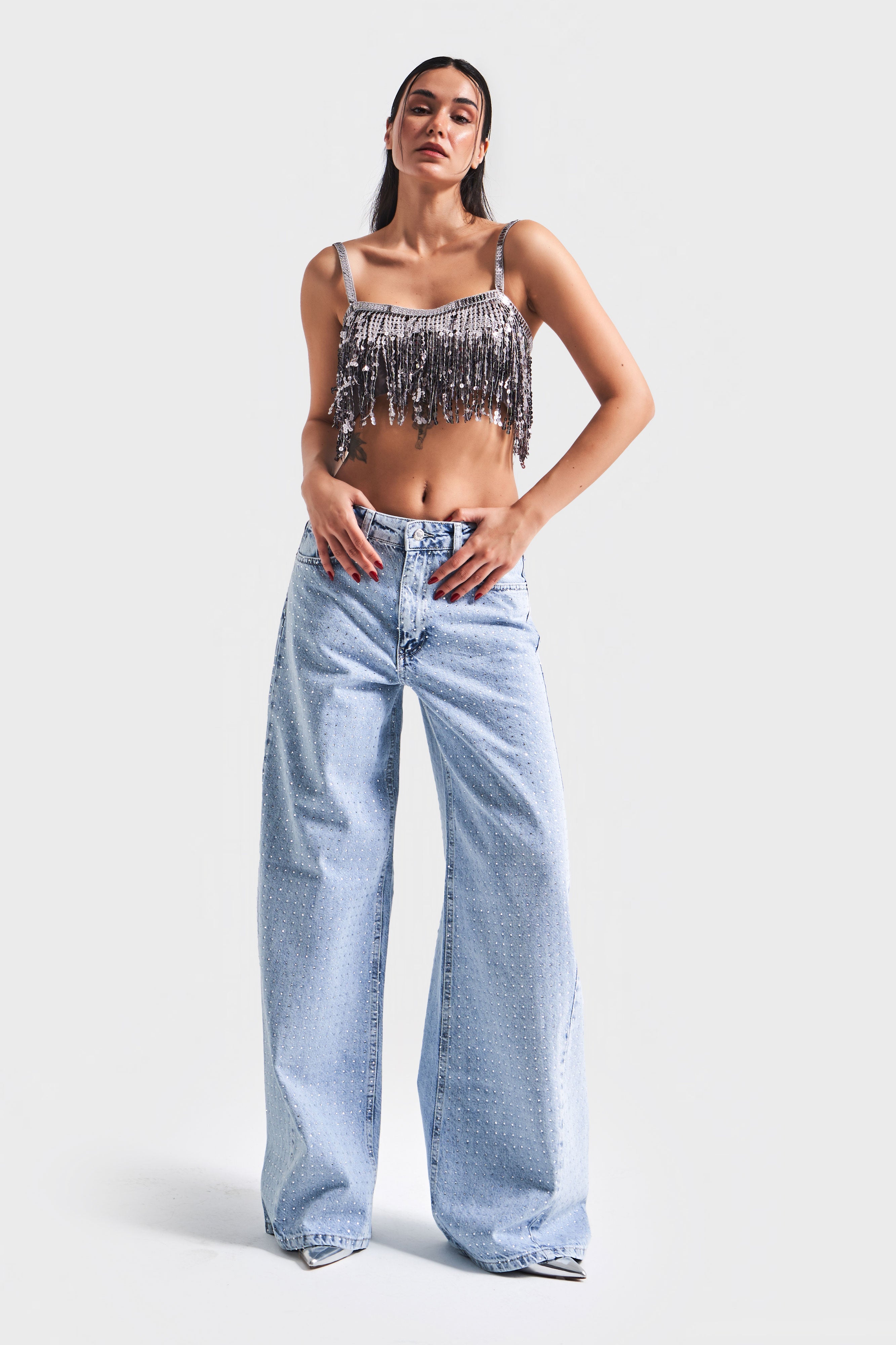 Kadın Mavi Renk Önü Ful Parlak Taşlı Palazzo Fit Denim