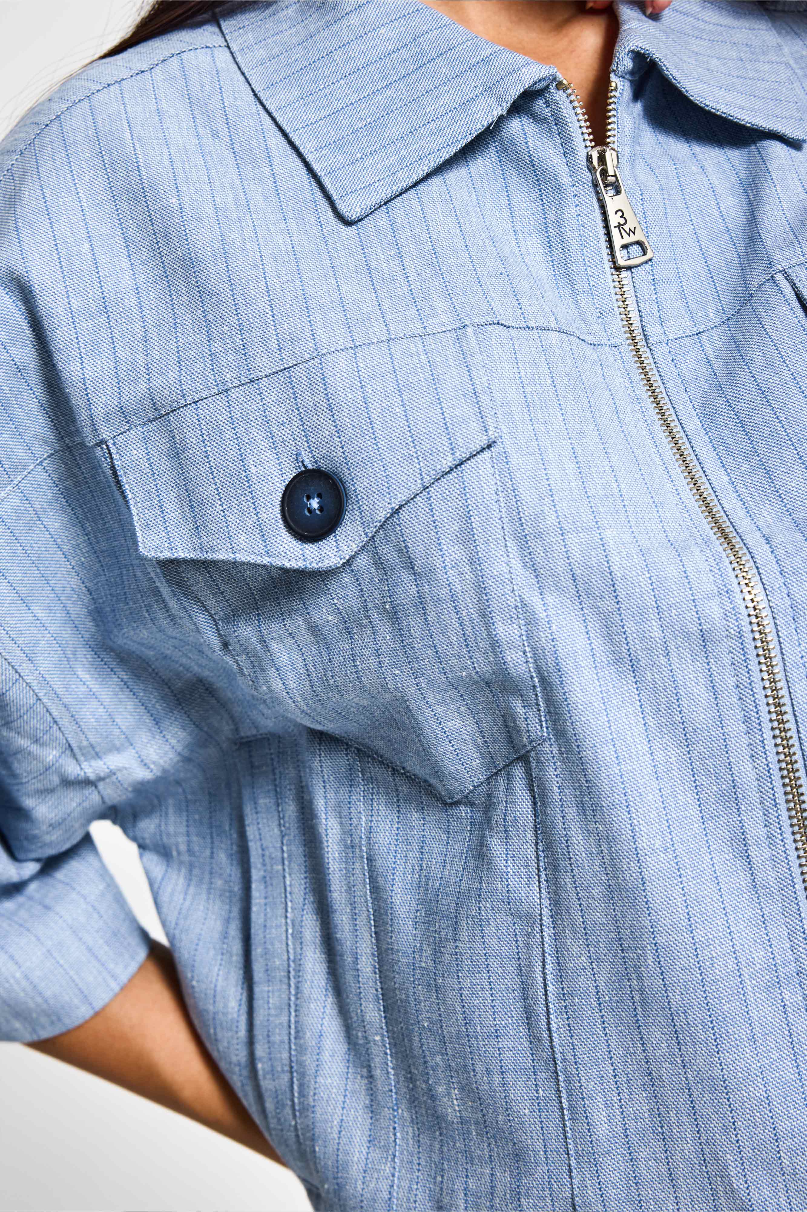 Kadın Mavi Renk Oversize Cep Detaylı Özel Tasarım Denim Ceket