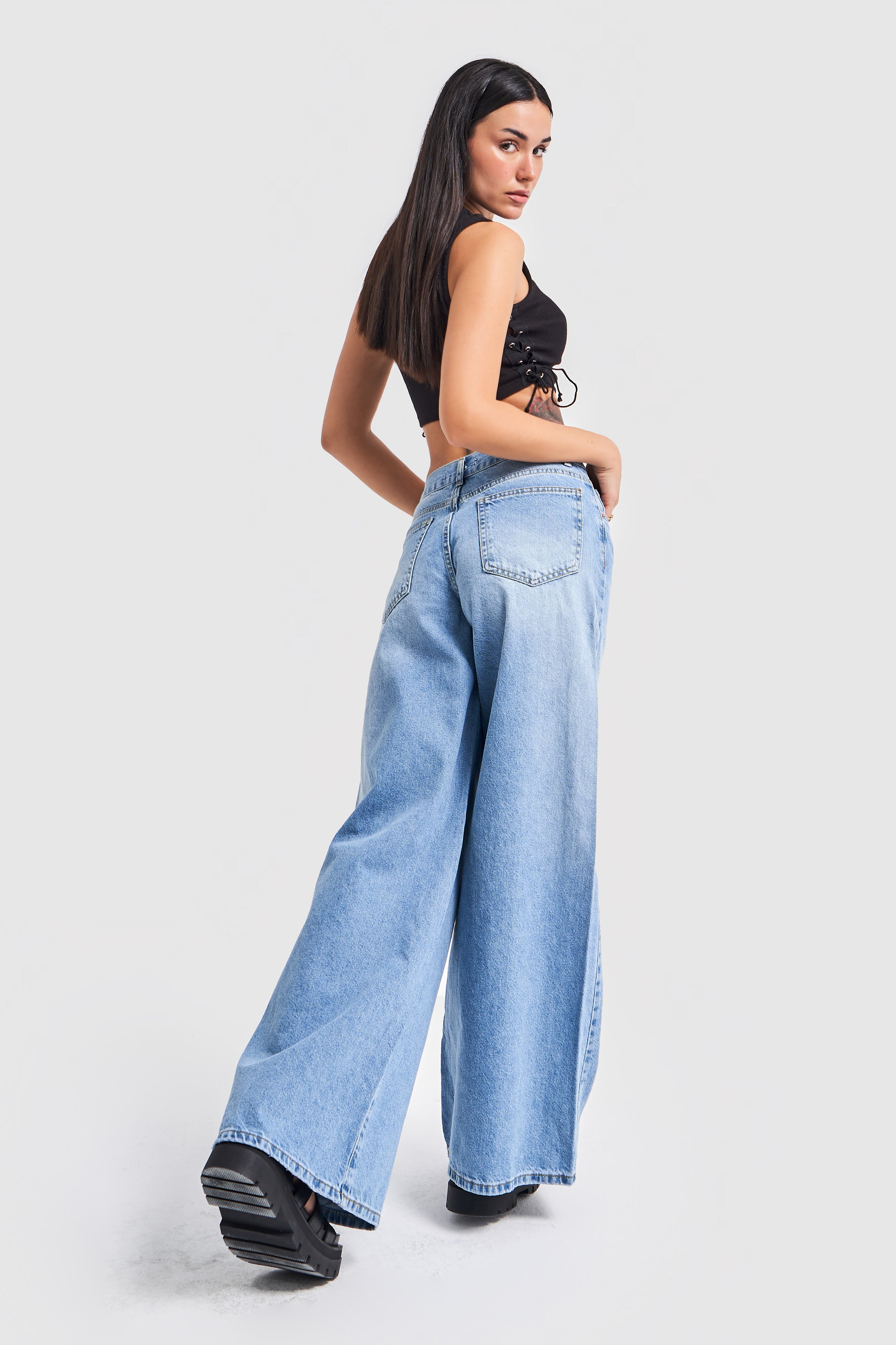Women's Blue Color Palazzo Fit Denim Trousers