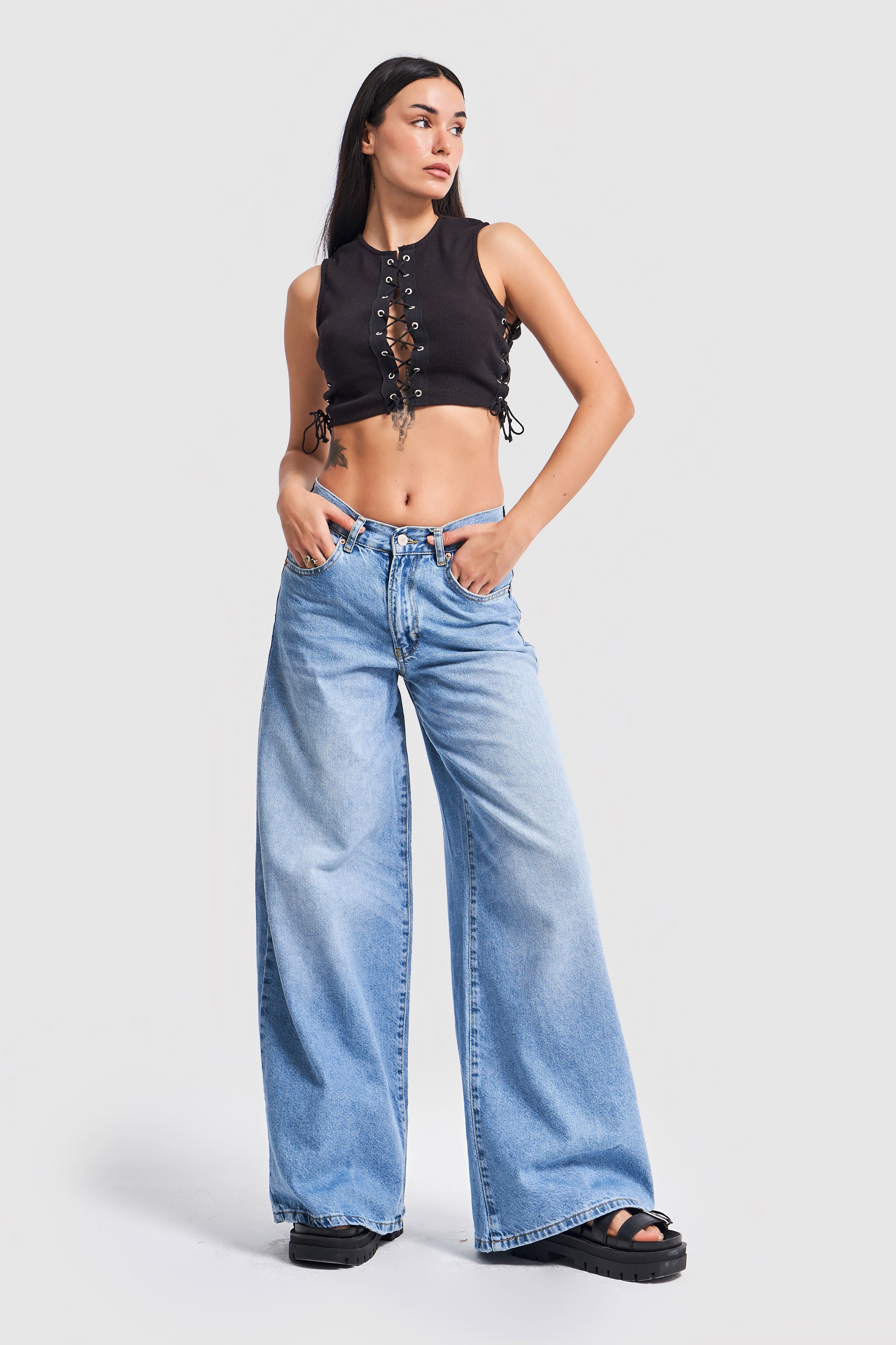 Women's Blue Color Palazzo Fit Denim Trousers