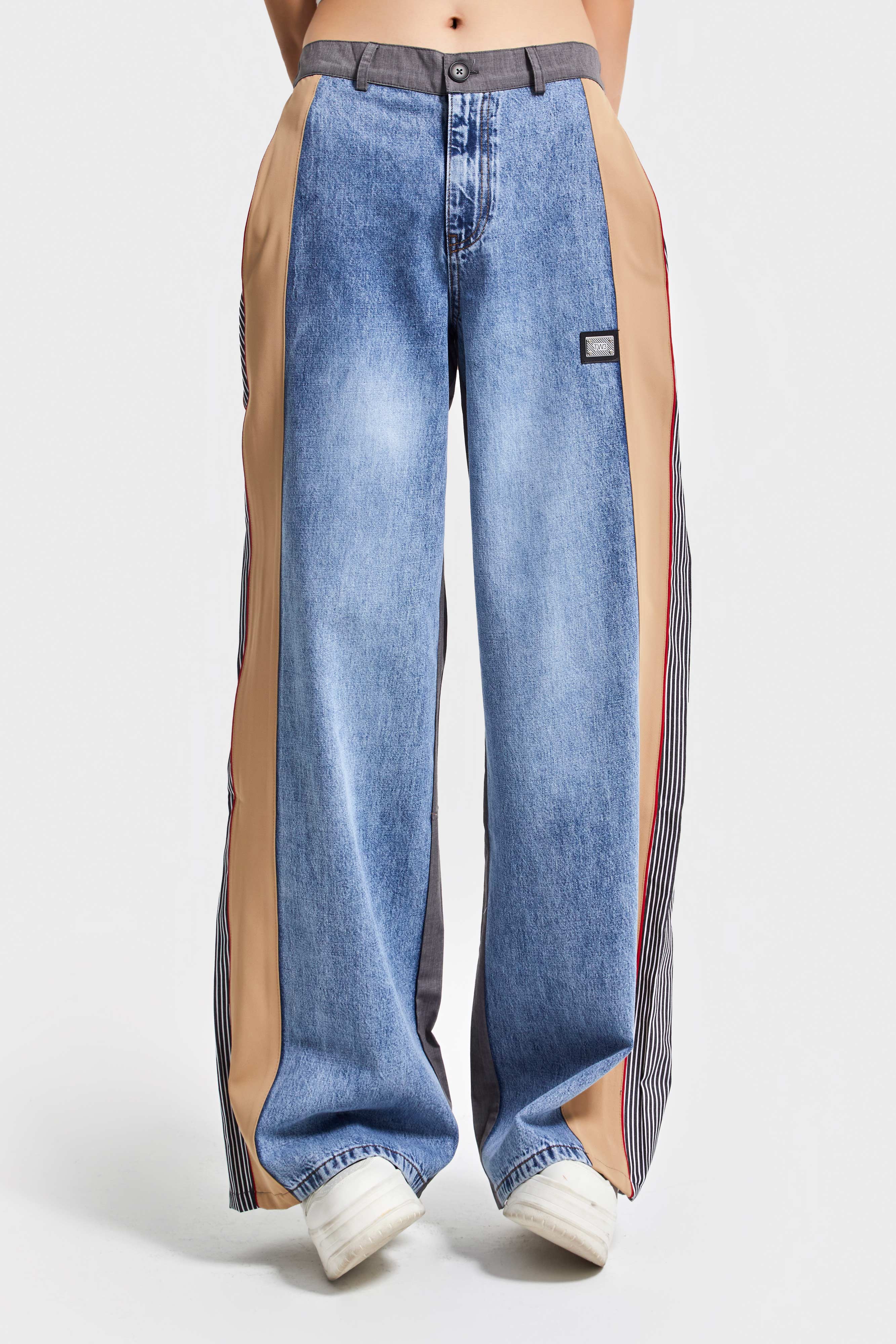 Kadın Mavi Renk Palazzo Fit Kumaş Denim Parçalı Özel Tasarım Denim Jean