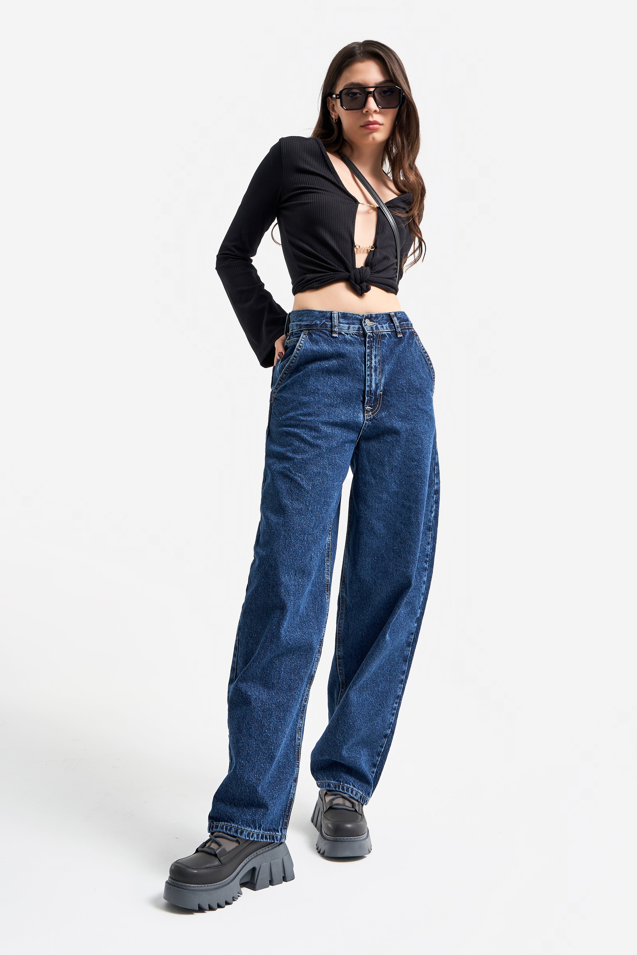 Women's Blue Color Skater Fit Loose Cut Denim Trousers