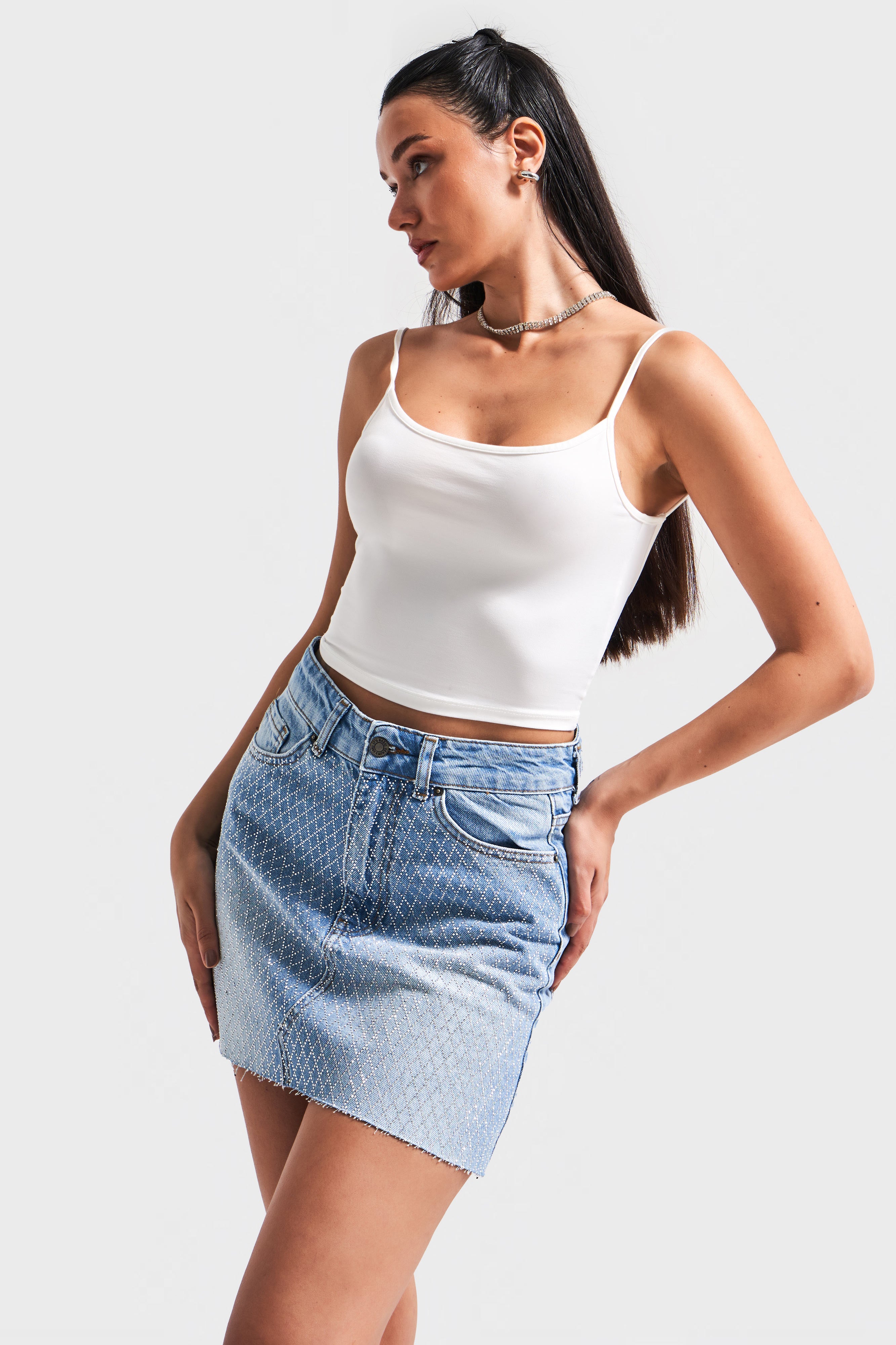 Kadın Mavi Renk T-2s5-4 Parlak Taşlı Midi Boy %100 Koton 42 Cm Tasarım Denim Etek
