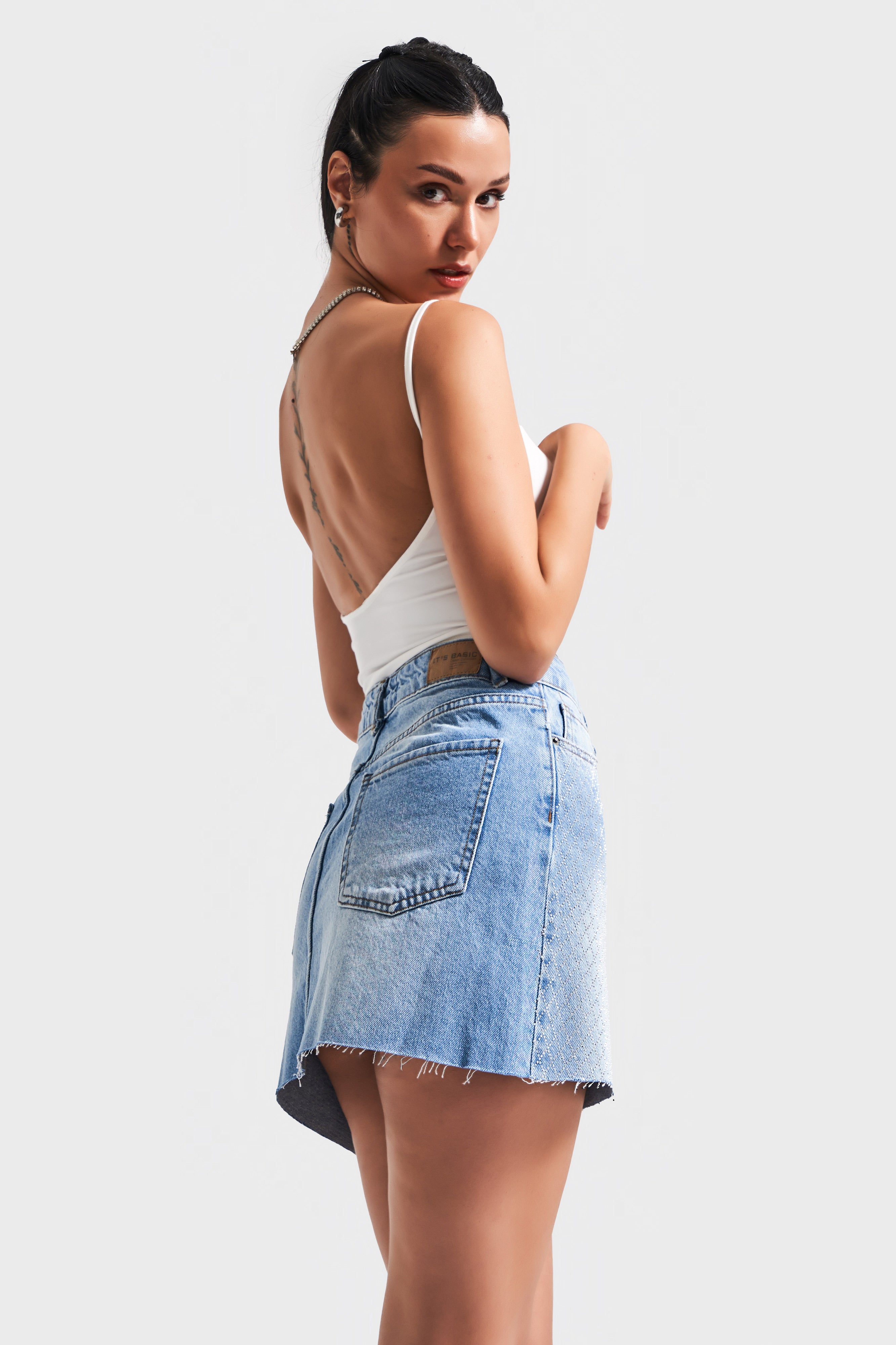 Kadın Mavi Renk T-2s5-4 Parlak Taşlı Midi Boy %100 Koton 42 Cm Tasarım Denim Etek