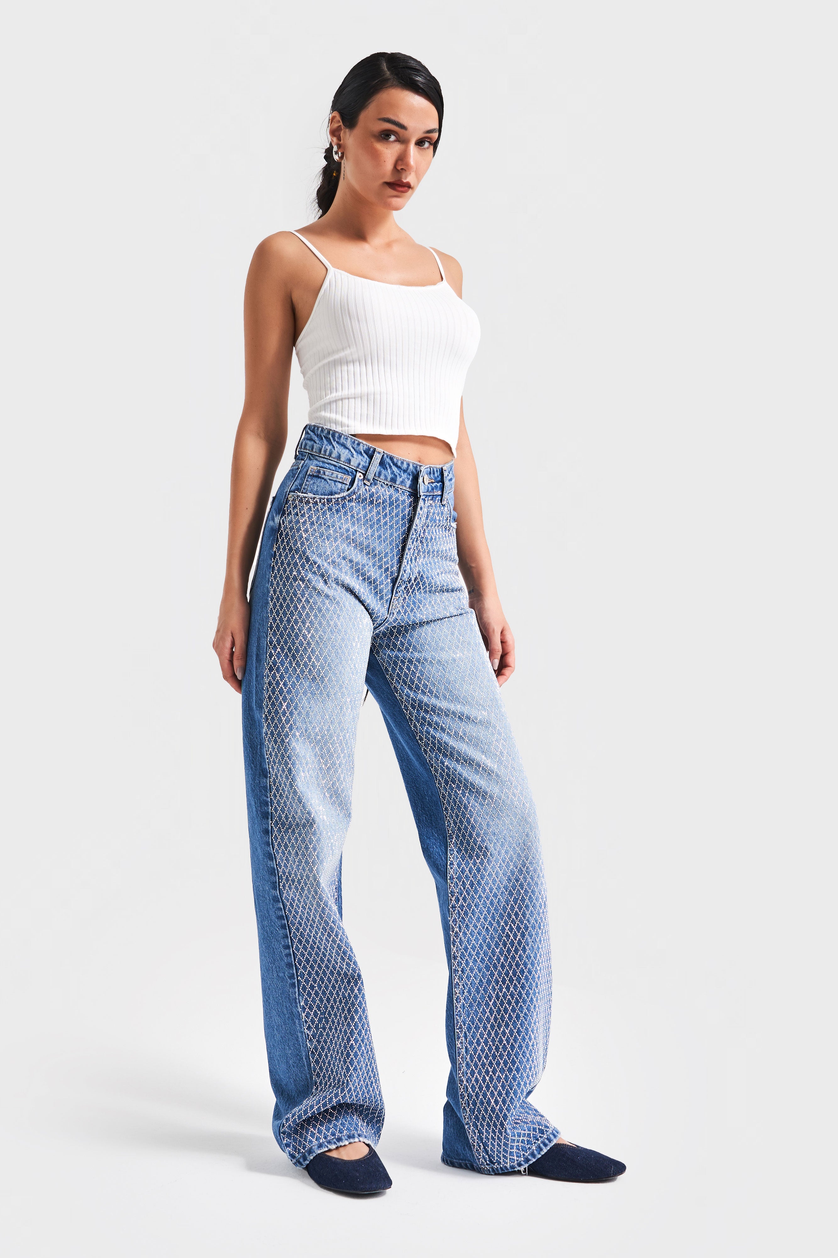 Kadın Mavi Renk T3-2S5-4 Parlak Taşlı Straight Fit Yüksek Bel %100 Koton Tasarım Denim Jean