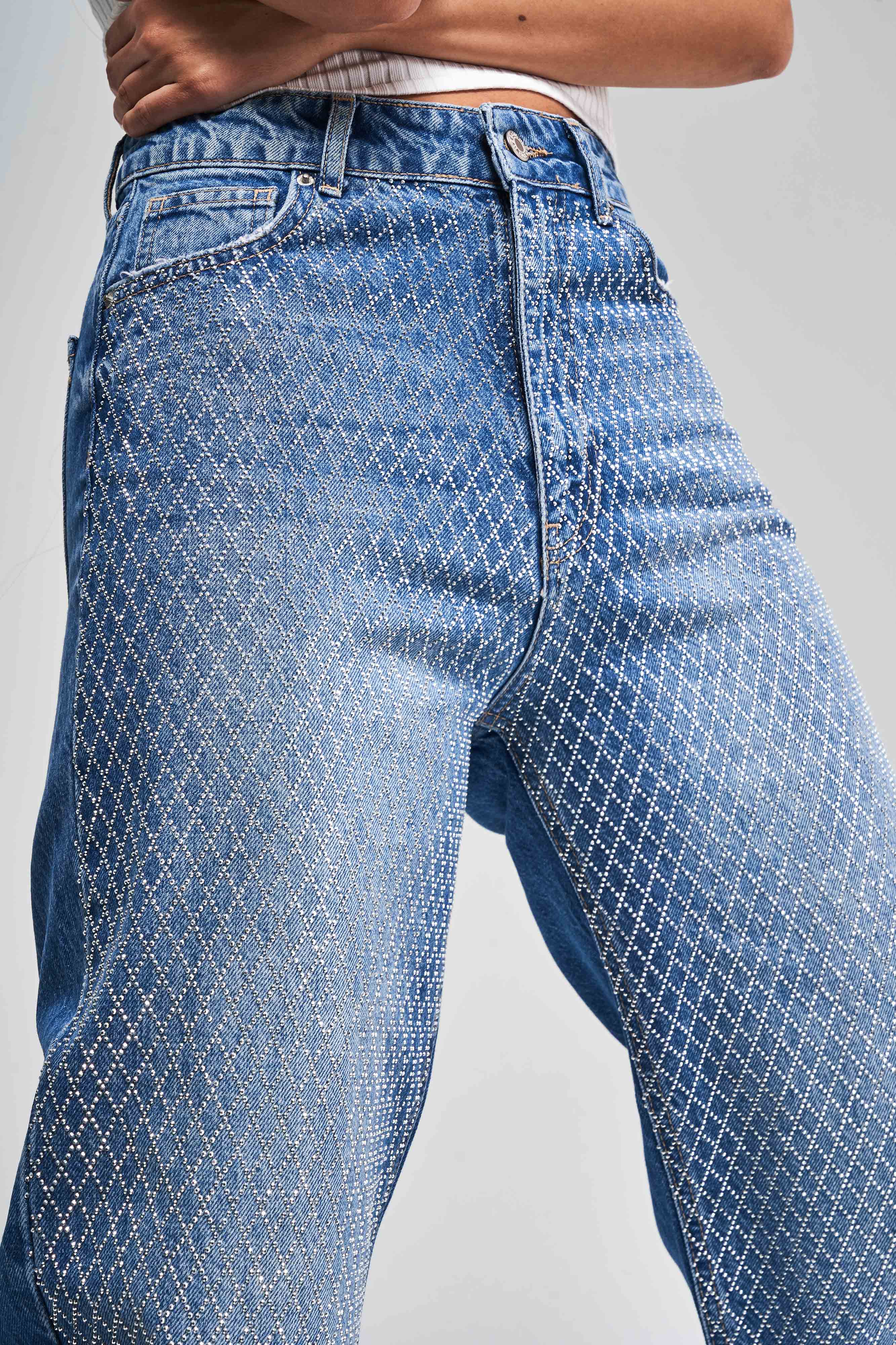 Kadın Mavi Renk T3-2S5-4 Parlak Taşlı Straight Fit Yüksek Bel %100 Koton Tasarım Denim Jean