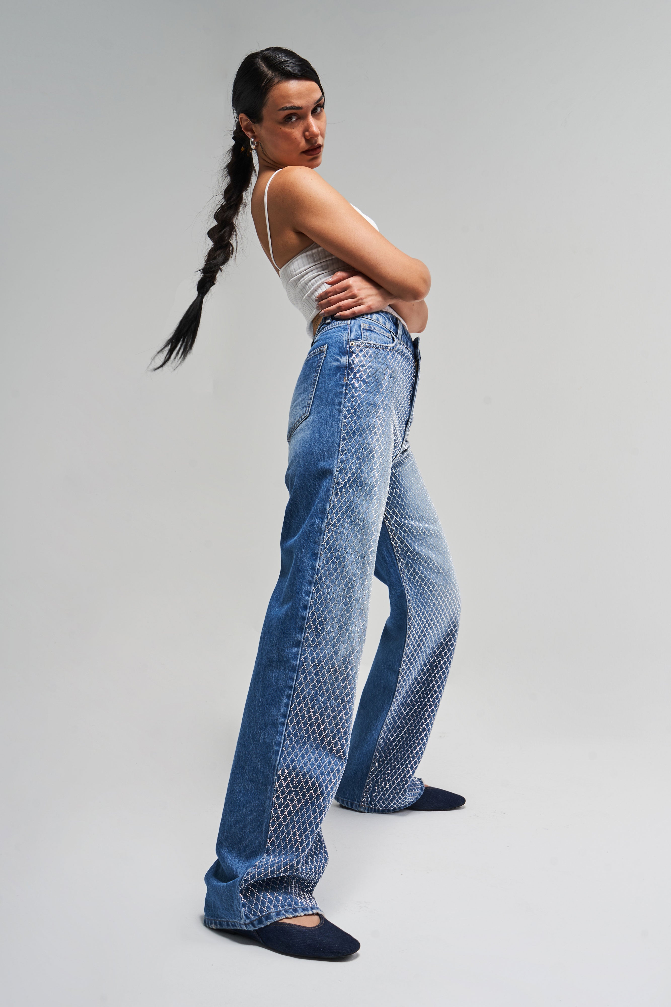 Kadın Mavi Renk T3-2S5-4 Parlak Taşlı Straight Fit Yüksek Bel %100 Koton Tasarım Denim Jean
