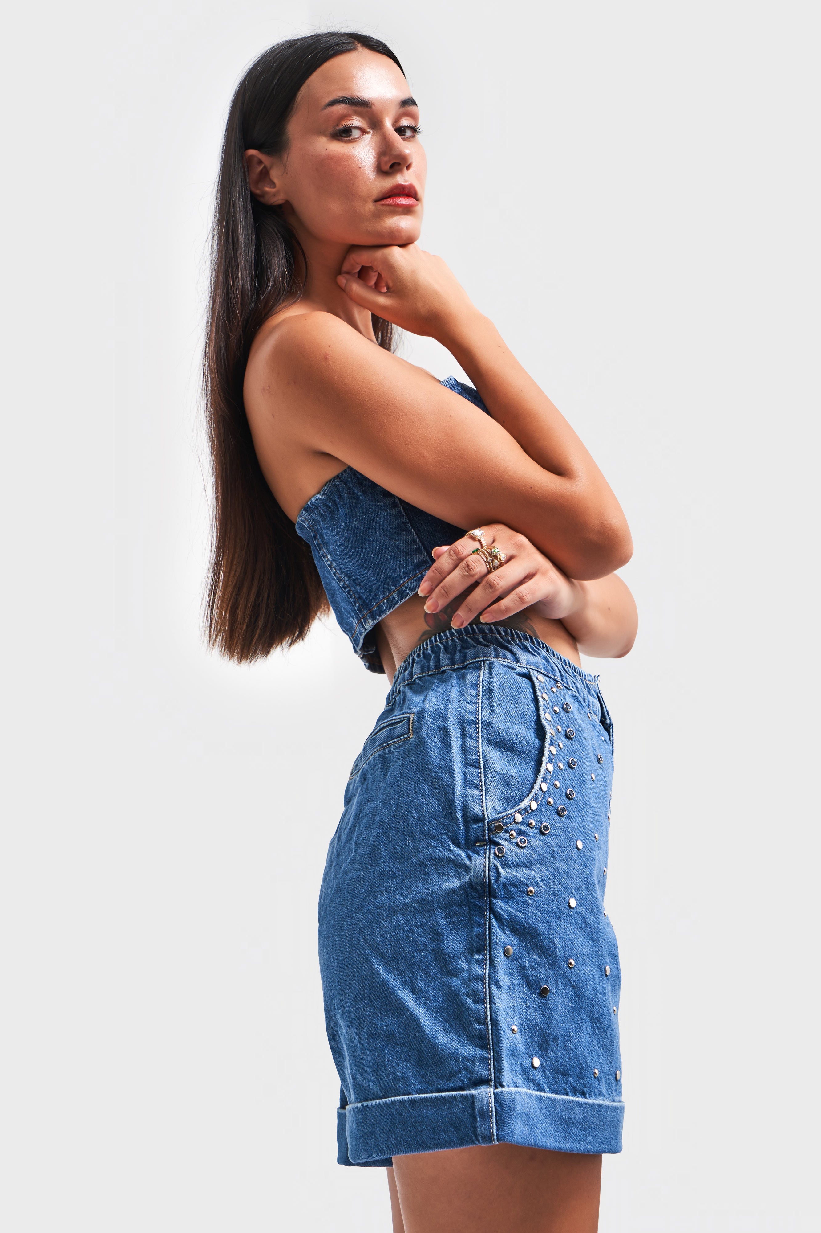 Women's Blue Color Stone Detailed Design Denim Shorts