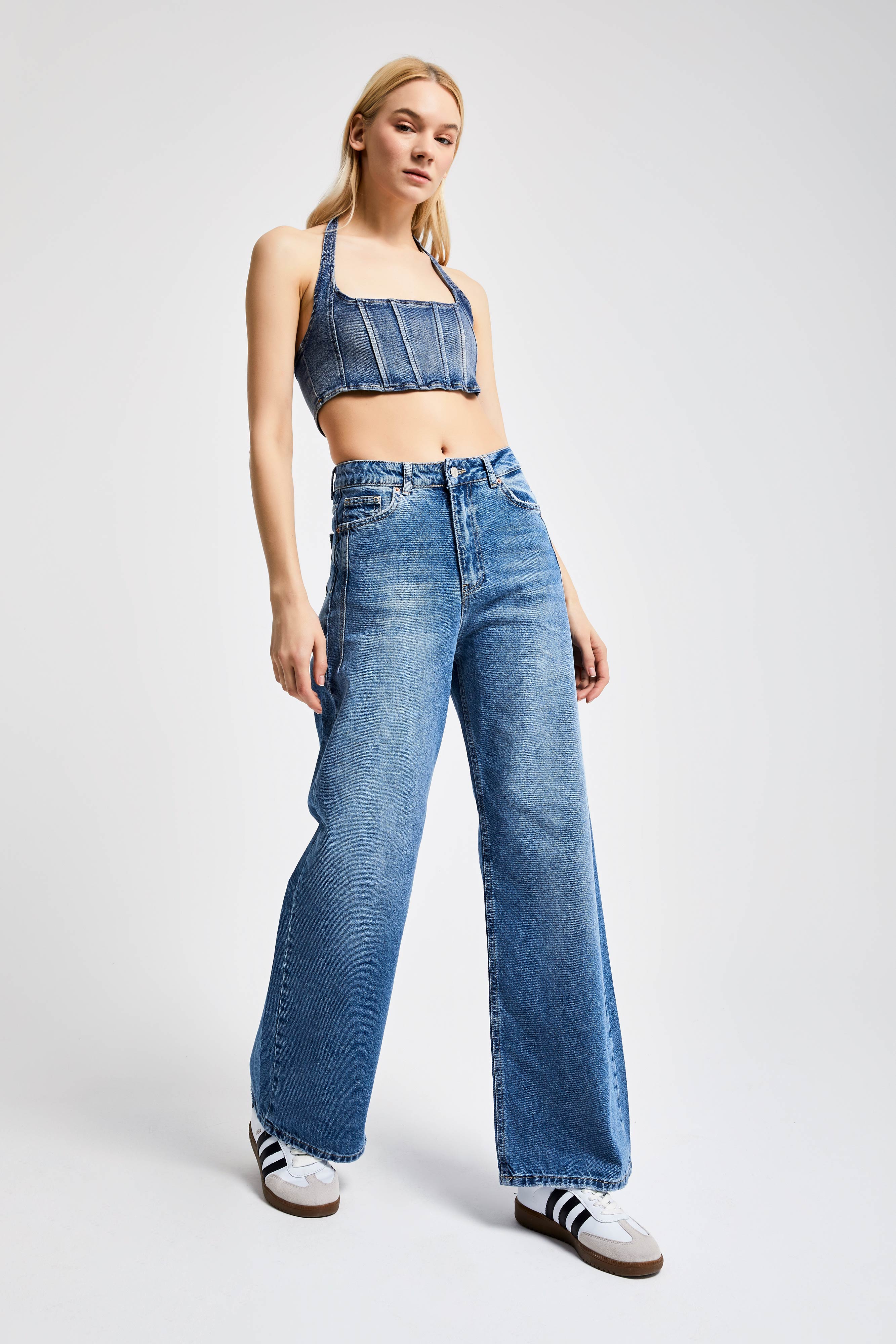 Women's Blue Color Wide Leg Fit Denim