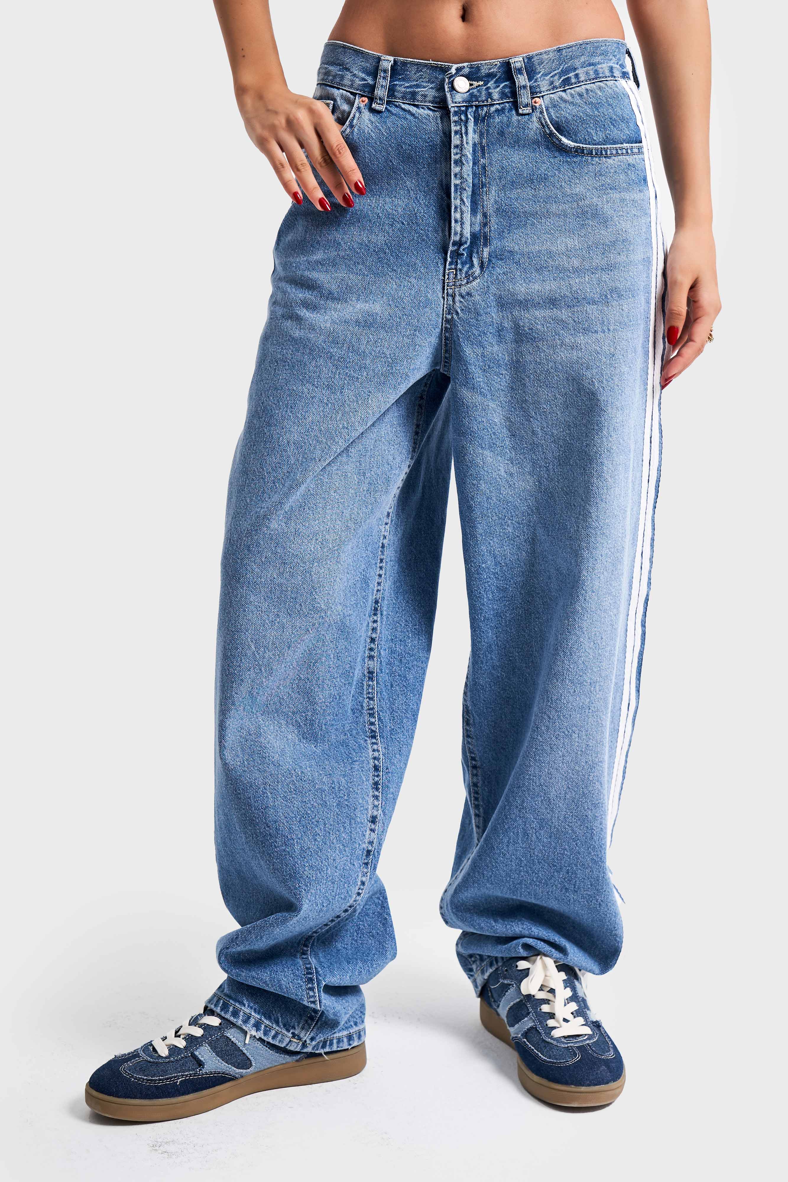 Women's Blue Color Side Stripe Detail Skater Fit Design Denim
