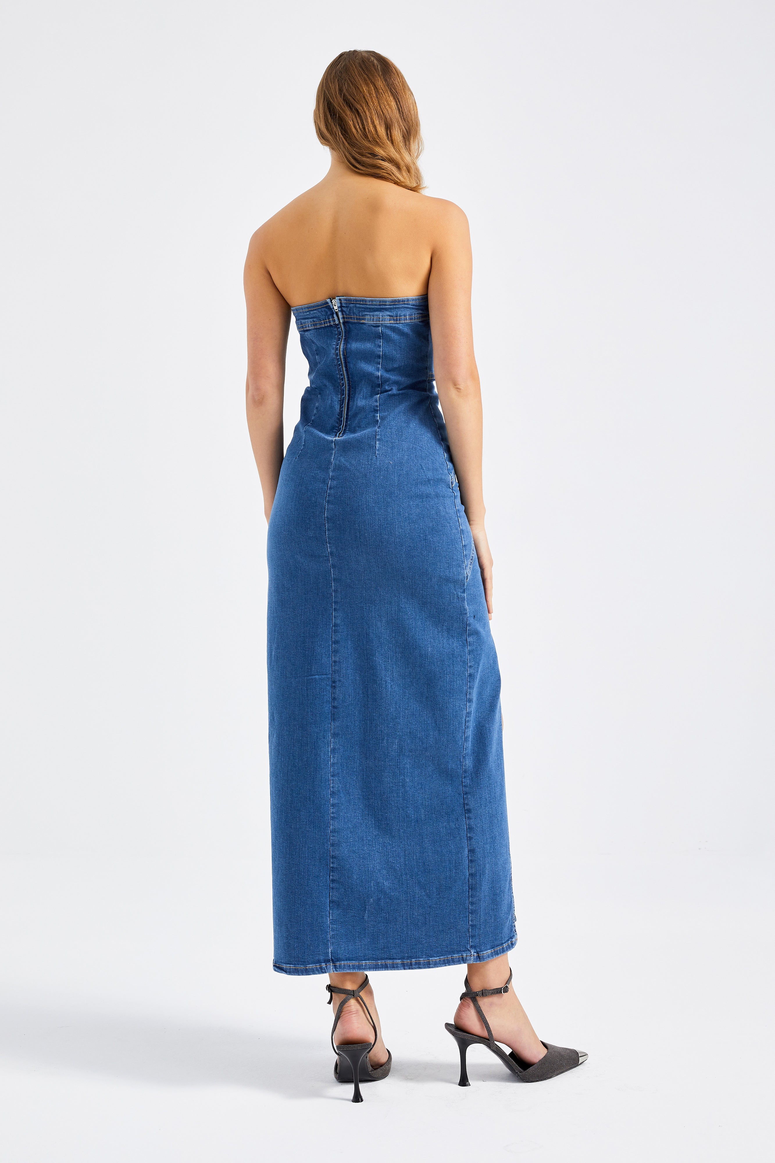 Women's Blue Color Side Slit Stitch Detailed Strapless Dress