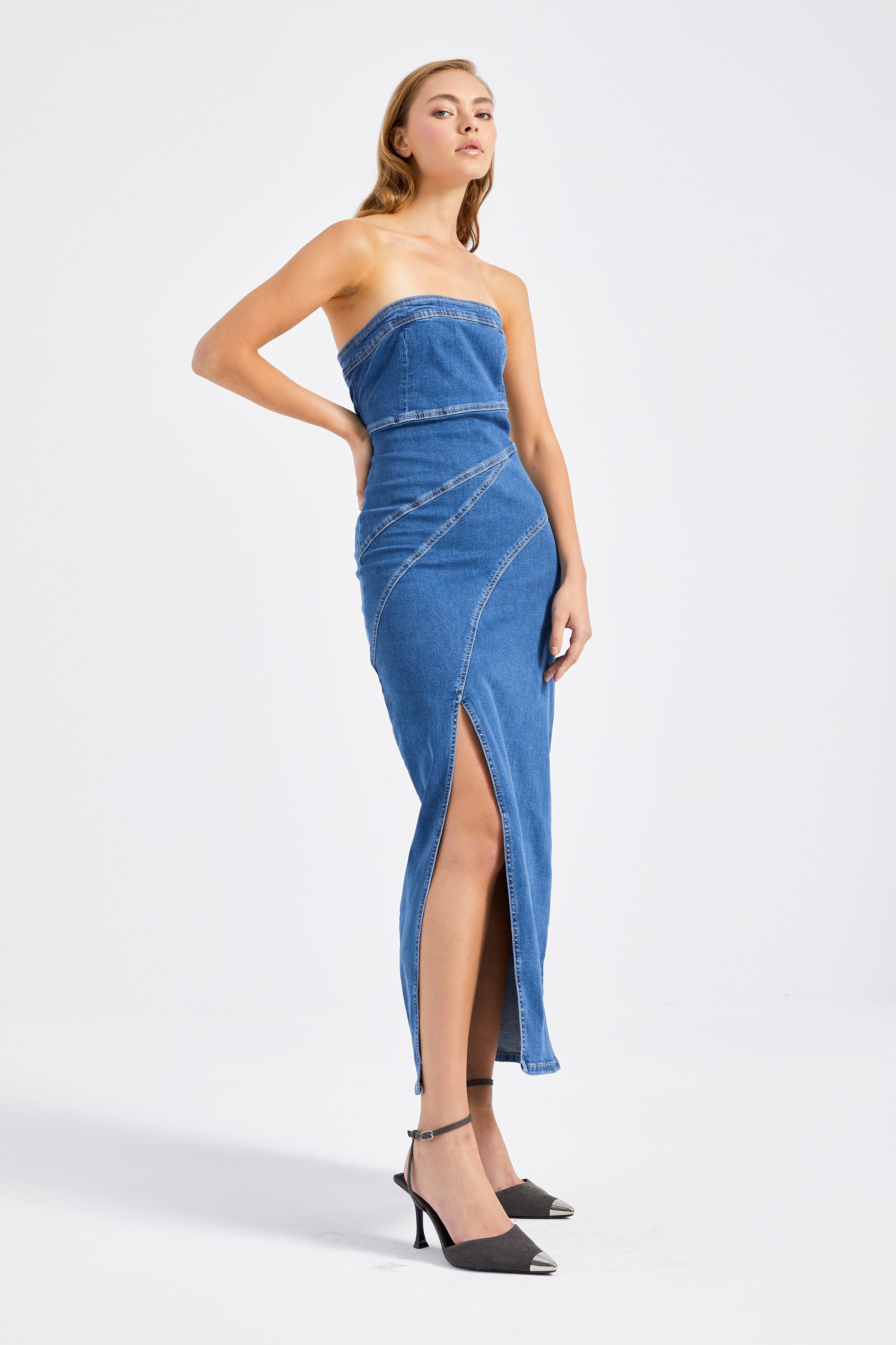 Women's Blue Color Side Slit Stitch Detailed Strapless Dress