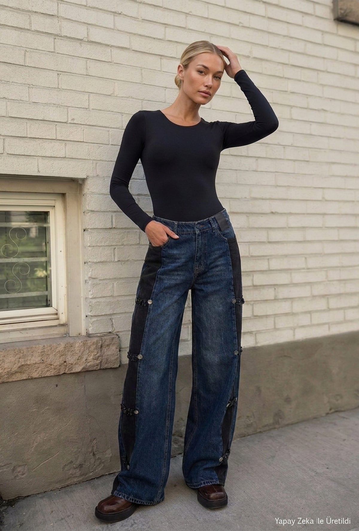 Kadın Mavi Straight Fit Süet Detaylı Özel Tasarım Napolyon Denim Jean