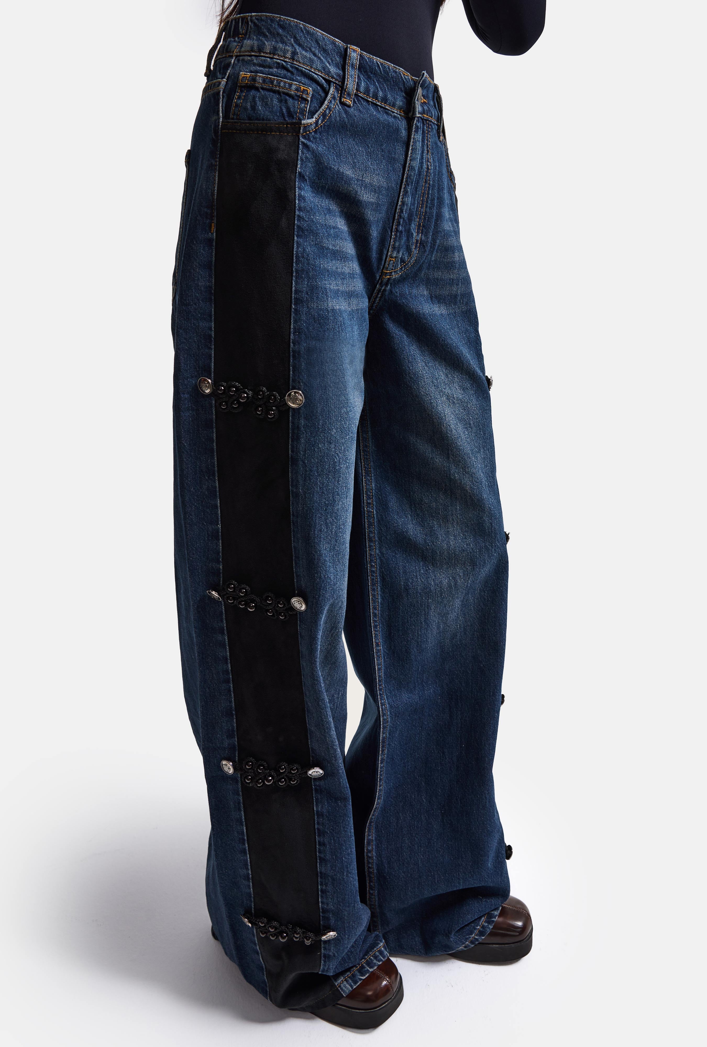 Kadın Mavi Straight Fit Süet Detaylı Özel Tasarım Napolyon Denim Jean