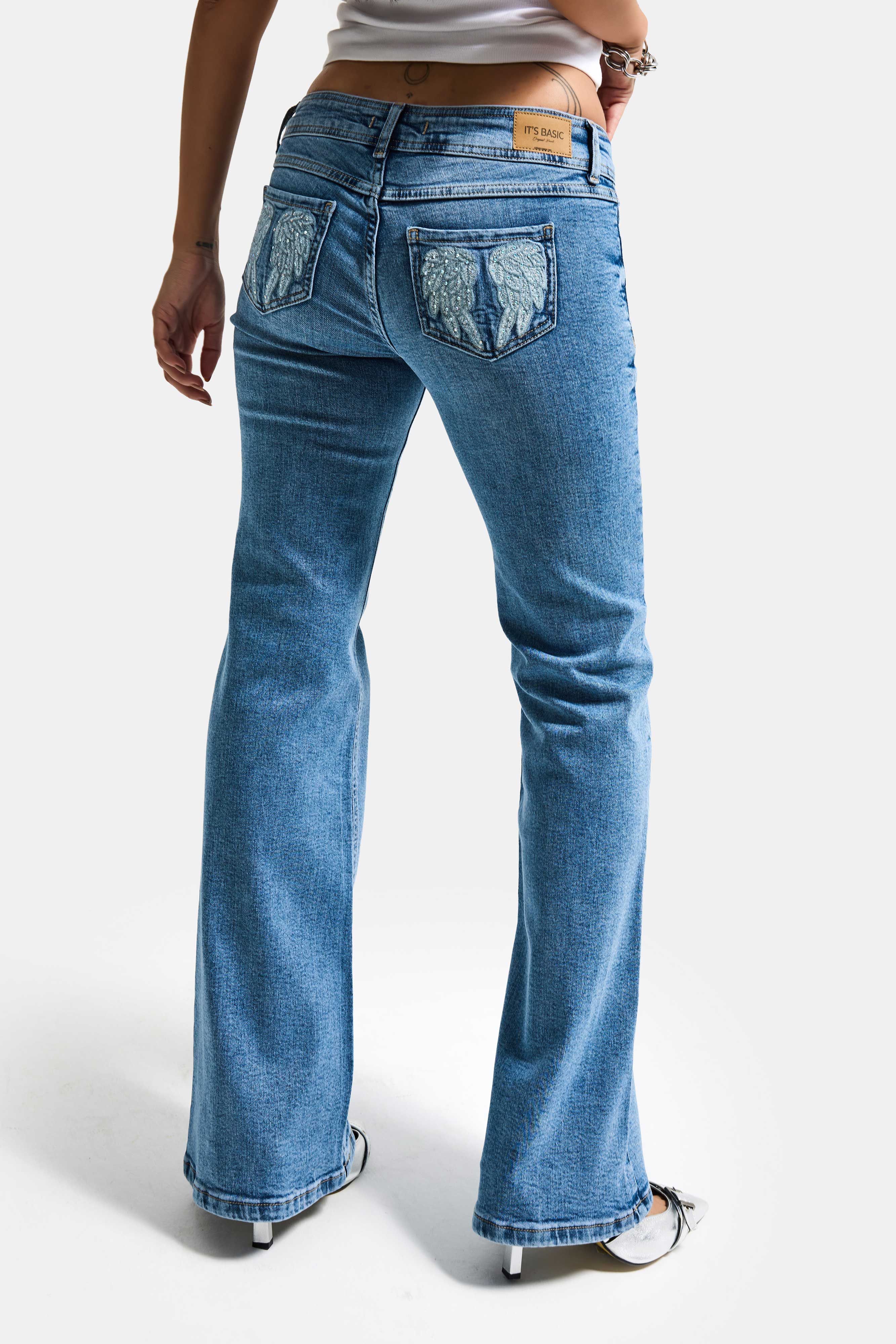 Kadın Mavi T-4s6-4 Flare Fit Düşük Bel Taş Detaylı Özel Tasarım Denim Jean