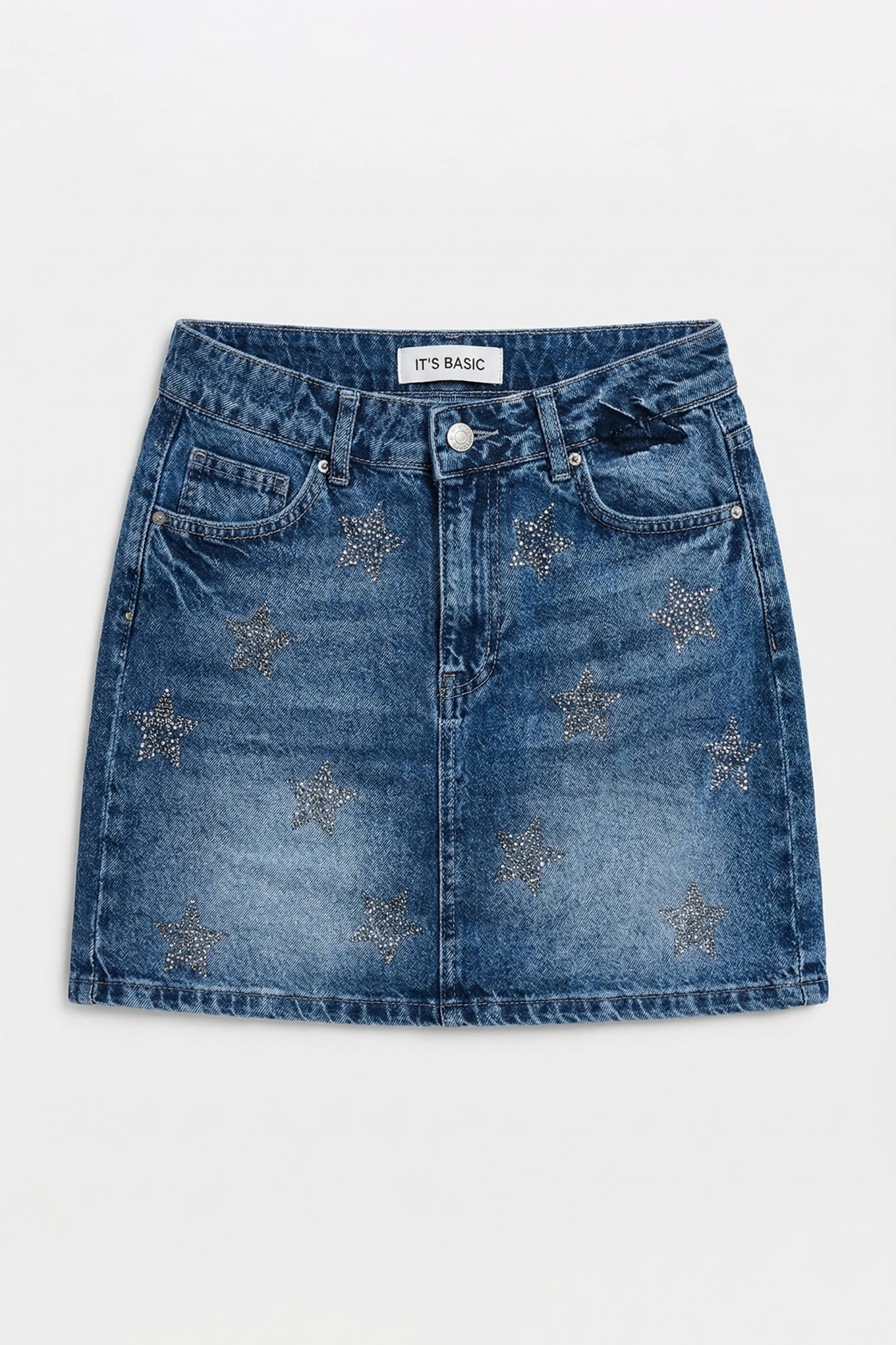 Kadın Mavi T-4s6-4 Straight Mini Parlak Yıldız Taşlı Özel Tasarım Denim Etek