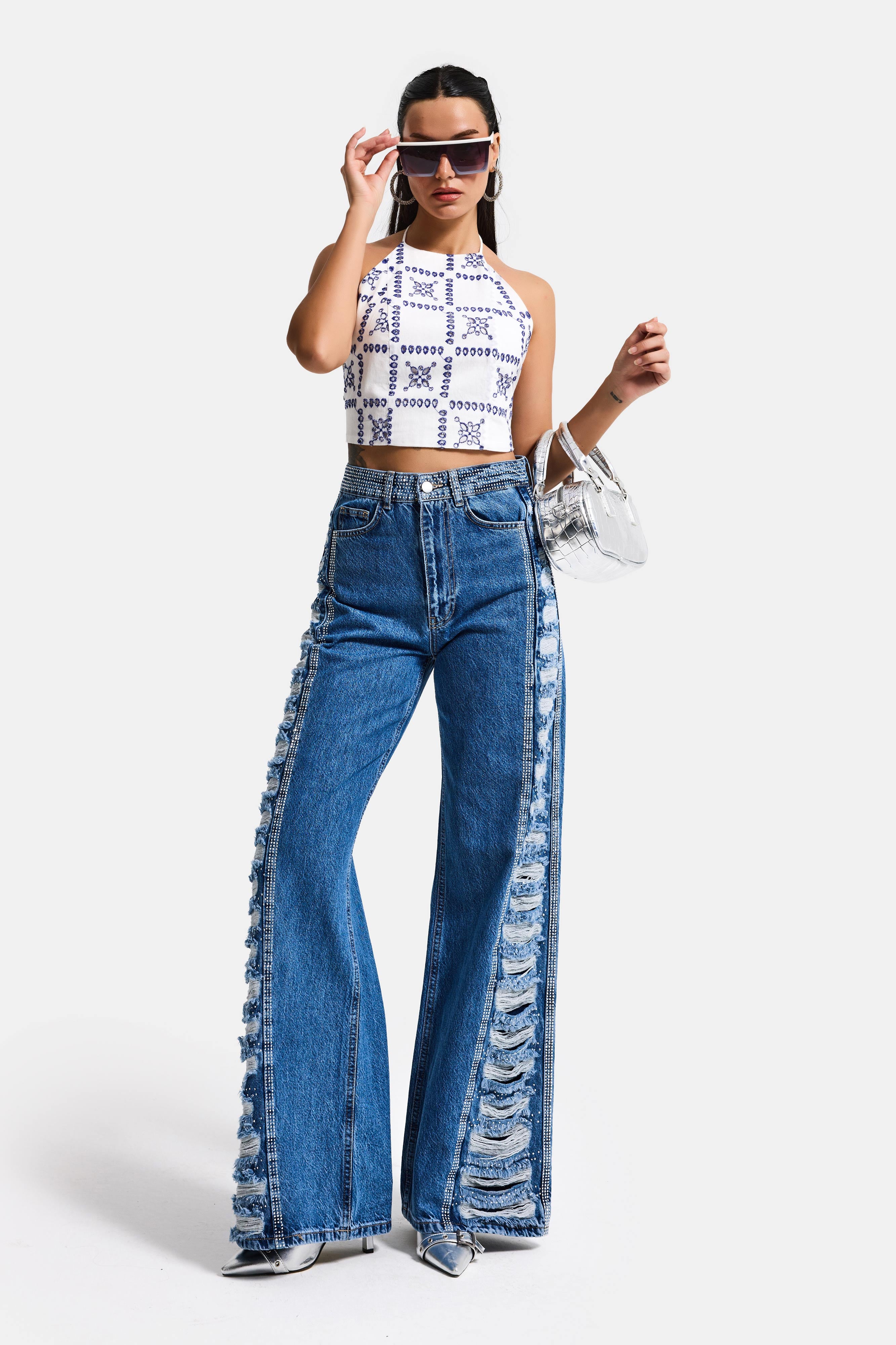 Kadın Mavi T-9s6-4 Flare Fit Özel Tasarım Denim Jean