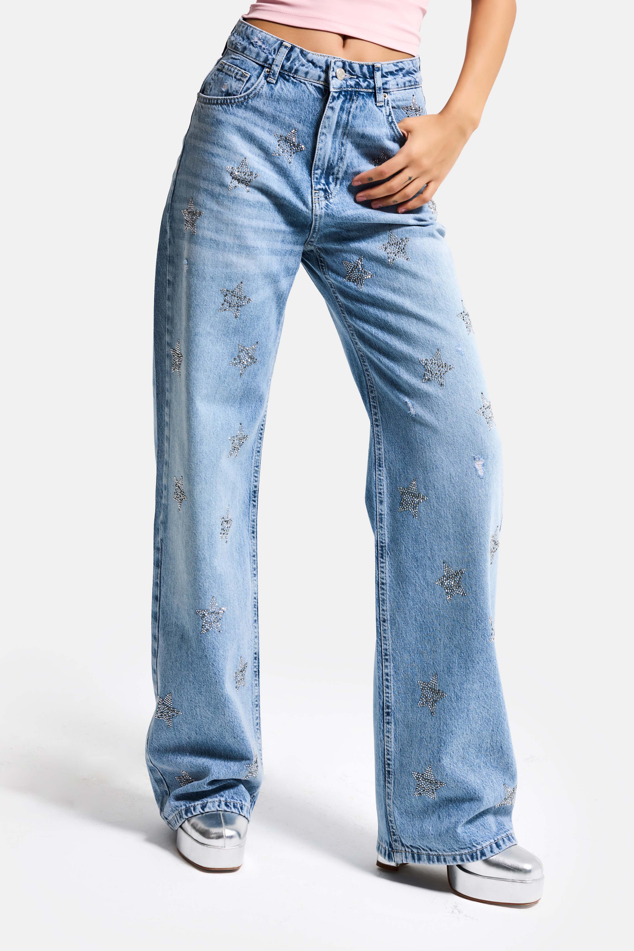 Kadın Mavi T1-12s6-99 Straight Fit Parlak Yıldız Taşlı Özel Tasarım Denim Jean