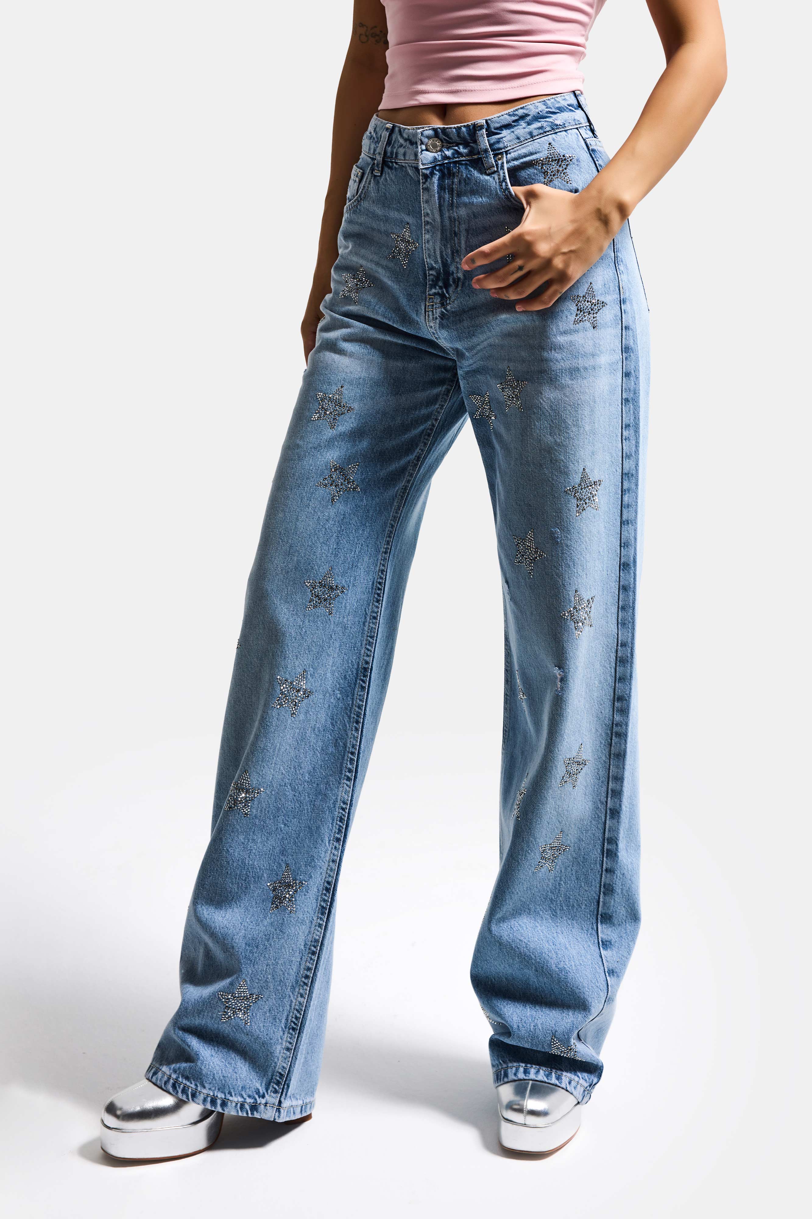 Kadın Mavi T1-12s6-99 Straight Fit Parlak Yıldız Taşlı Özel Tasarım Denim Jean