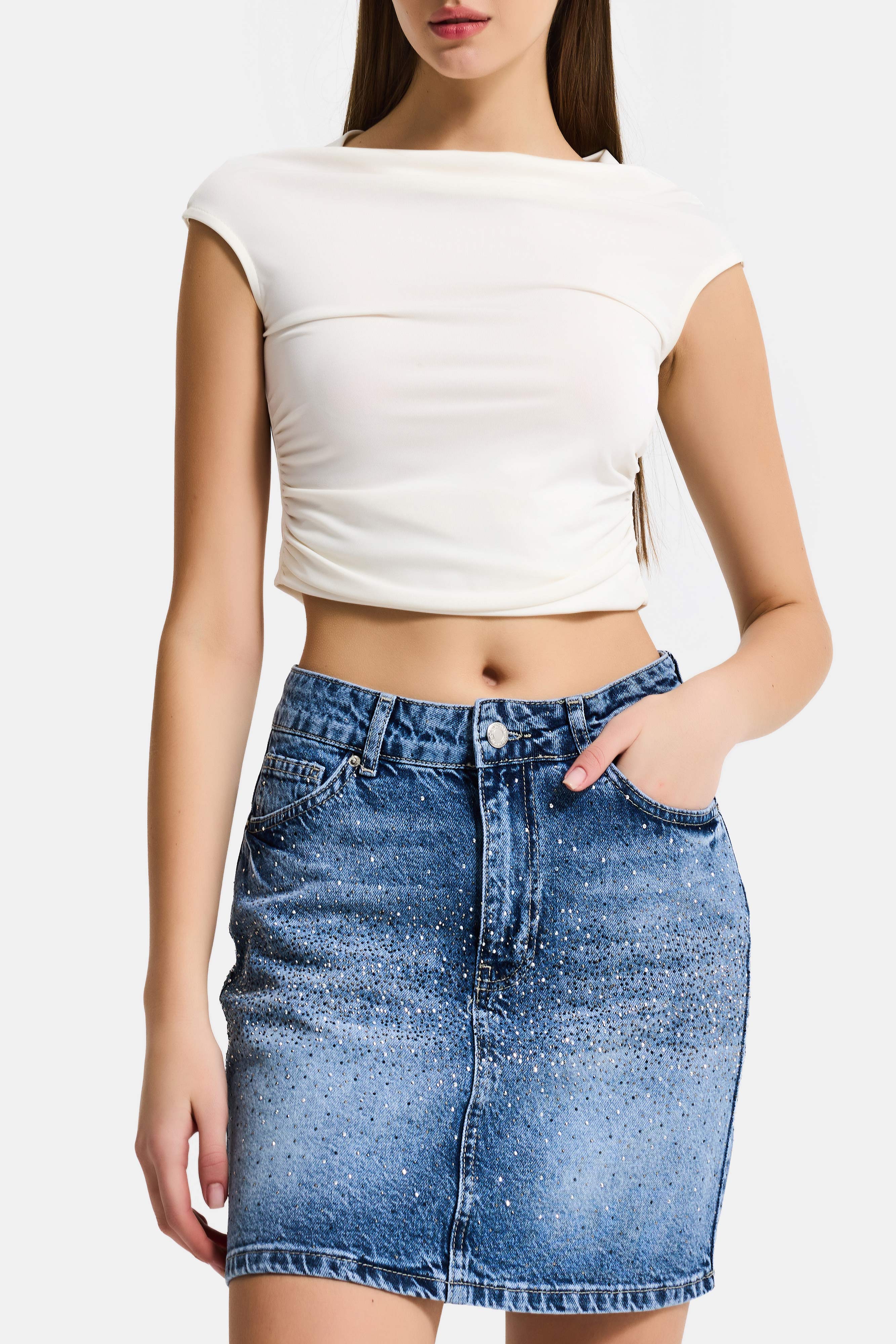 Kadın Mavi T2-4s6-4 Straight Fit Parlak Taşlı Özel Tasarım Mini Denim Etek