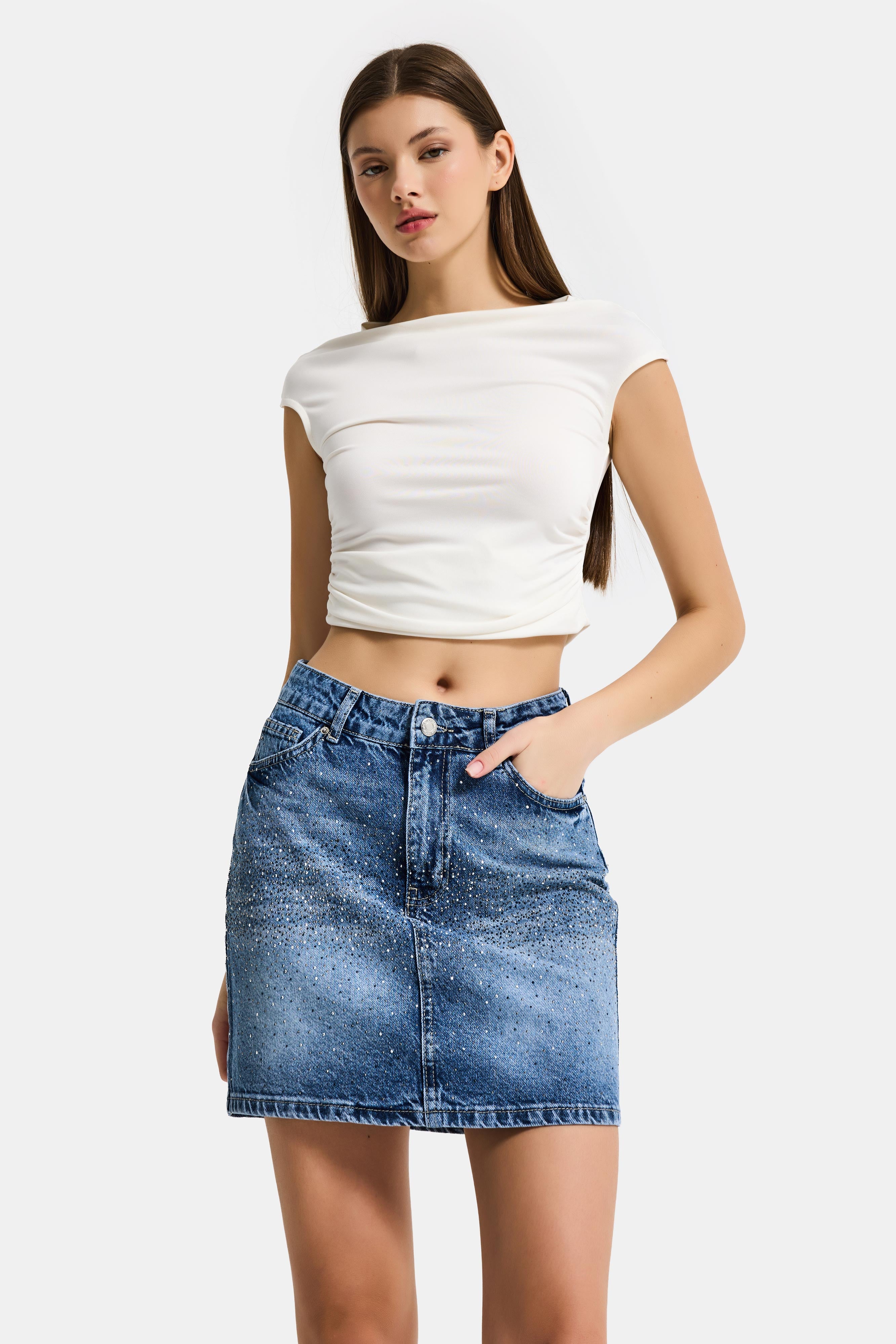 Kadın Mavi T2-4s6-4 Straight Fit Parlak Taşlı Özel Tasarım Mini Denim Etek