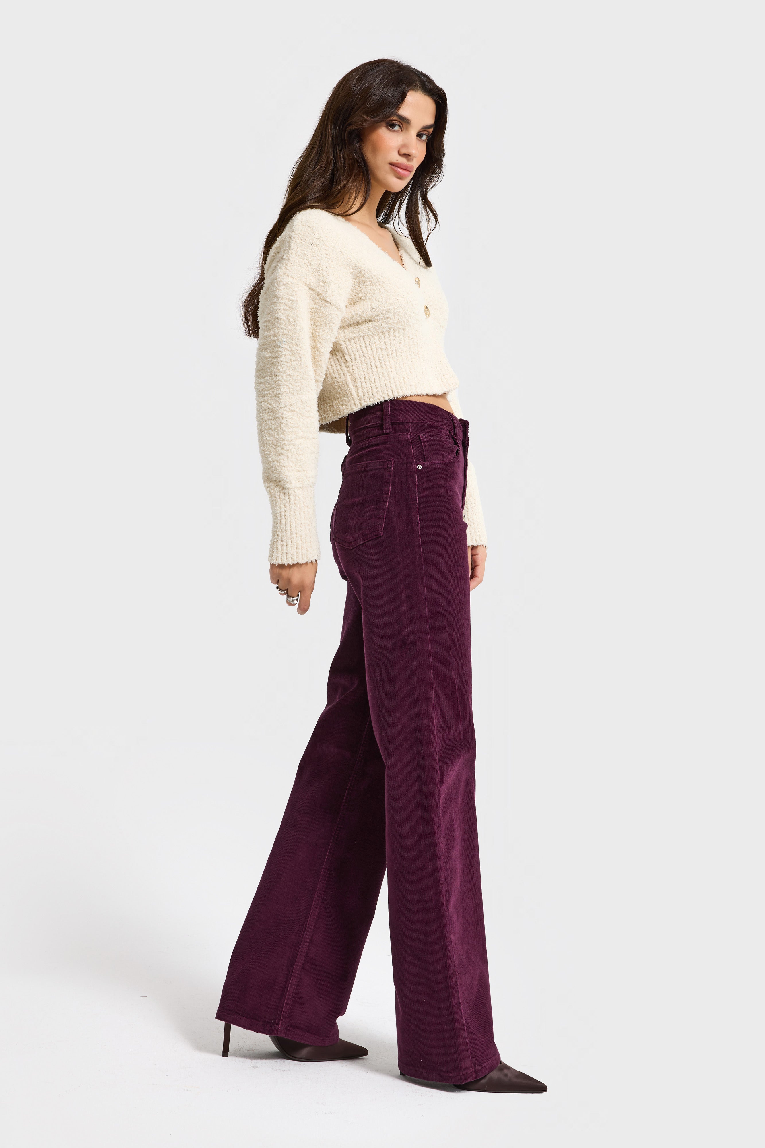 Kadın Mor Renk 26w5-111 Straight Cropped Fit Elastan Kumaş İnce Fitilli Velvet Kadife Kumaş Pantolon