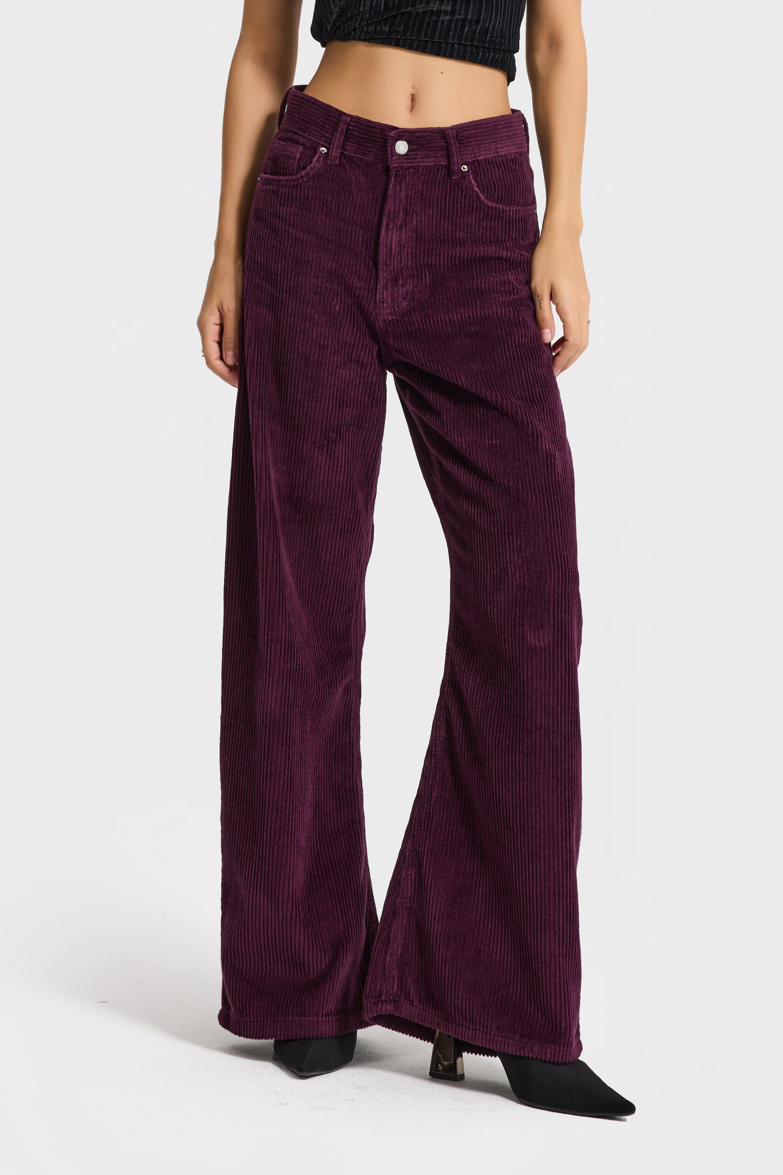 Kadın Mor Renk 26w5-111 Straight Fit Yüksek Bel Kalın Fitilli Velvet Kadife Kumaş Pantolon