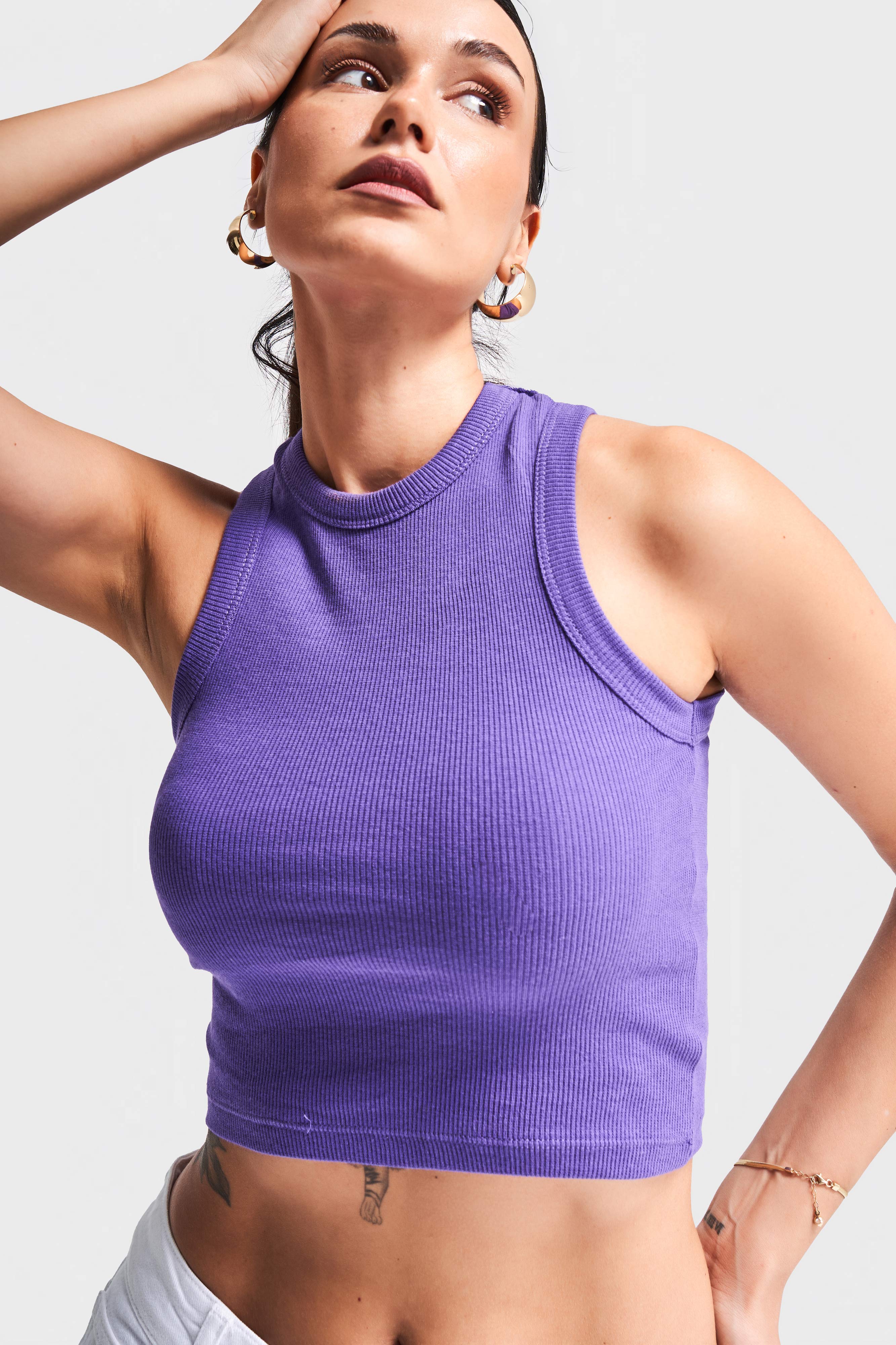 Kadın Mor Renk s5-111 Halter Yaka Esnek Kaşkorse Kumaş Crop Top Body