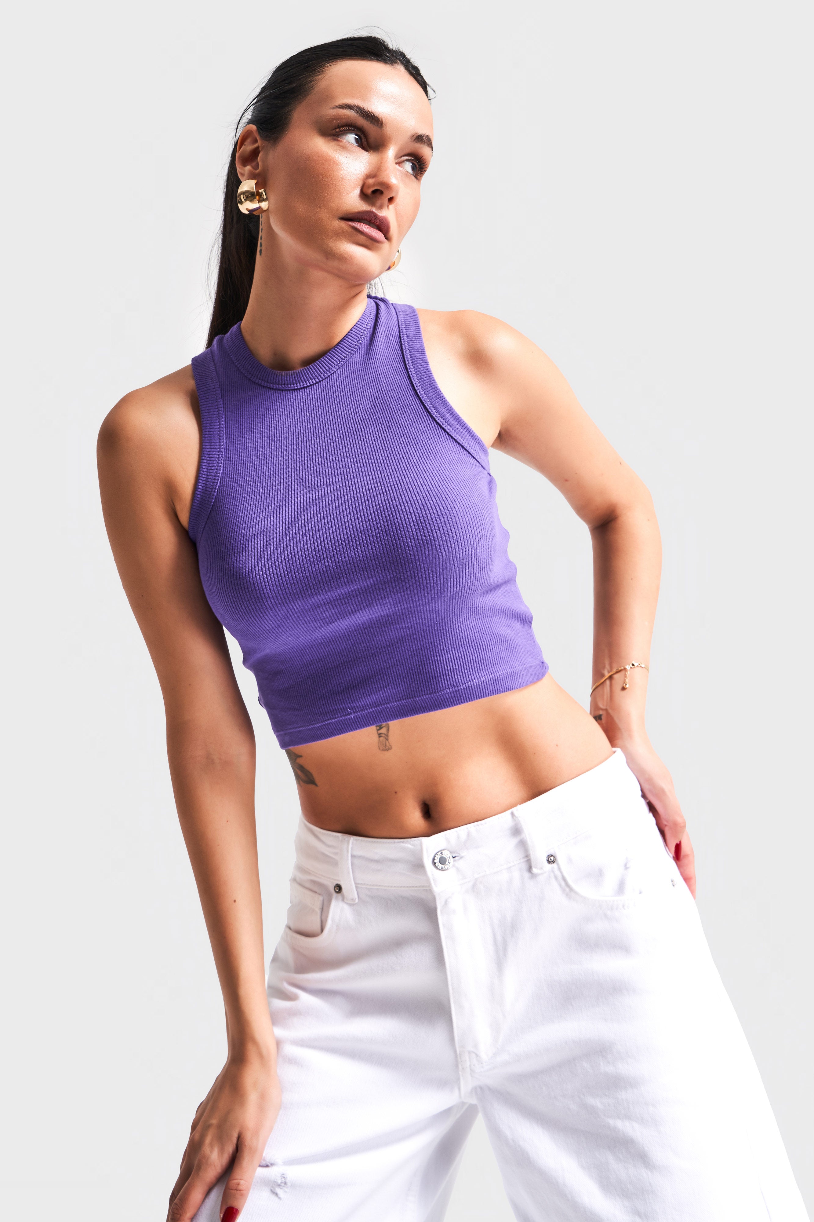 Kadın Mor Renk s5-111 Halter Yaka Esnek Kaşkorse Kumaş Crop Top Body