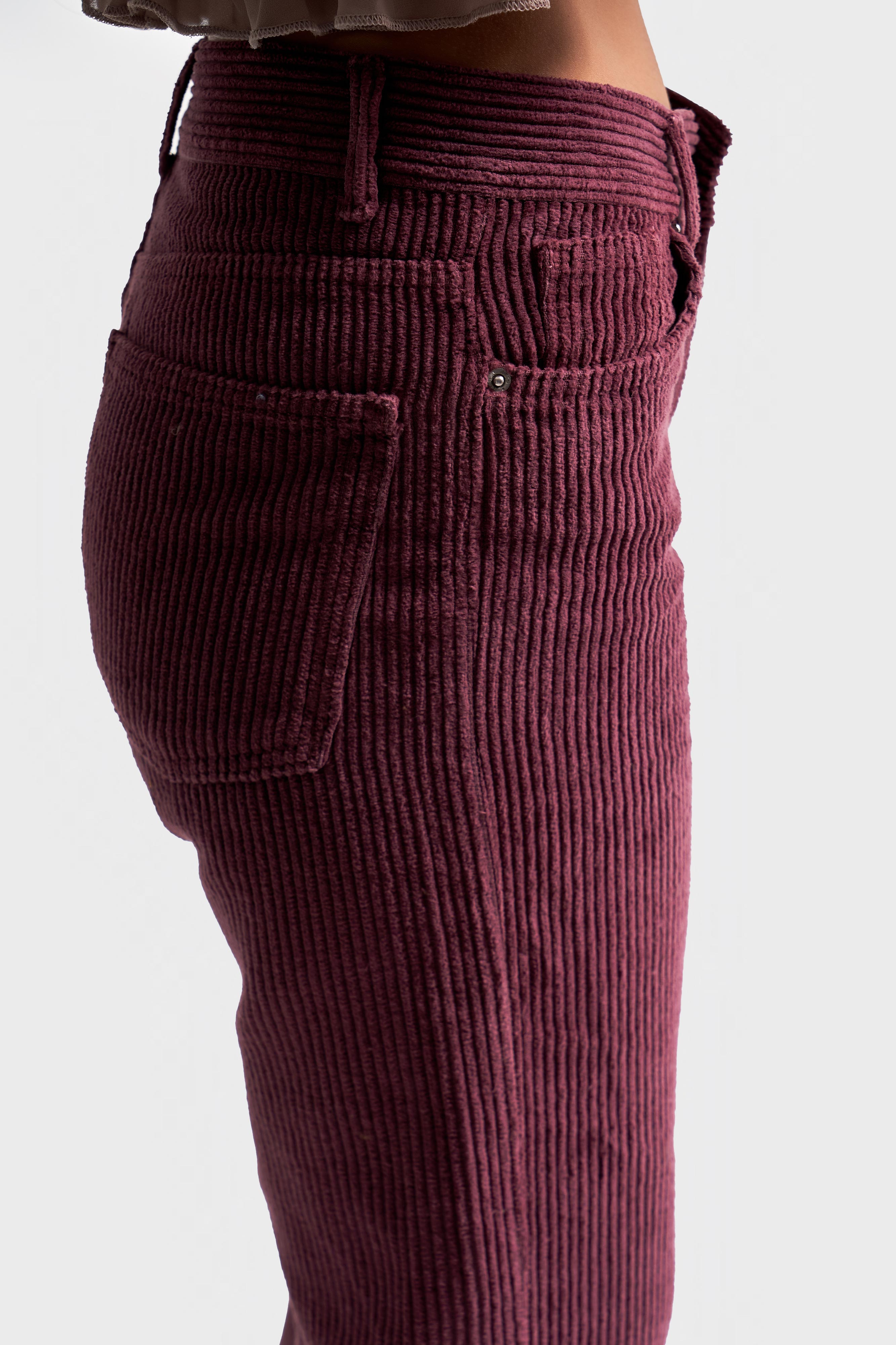 Kadın Mürdüm Renk 29w5-52 Midrise Flare Fit Kalın Fitilli Velvet Kumaş Kadife Pantolon