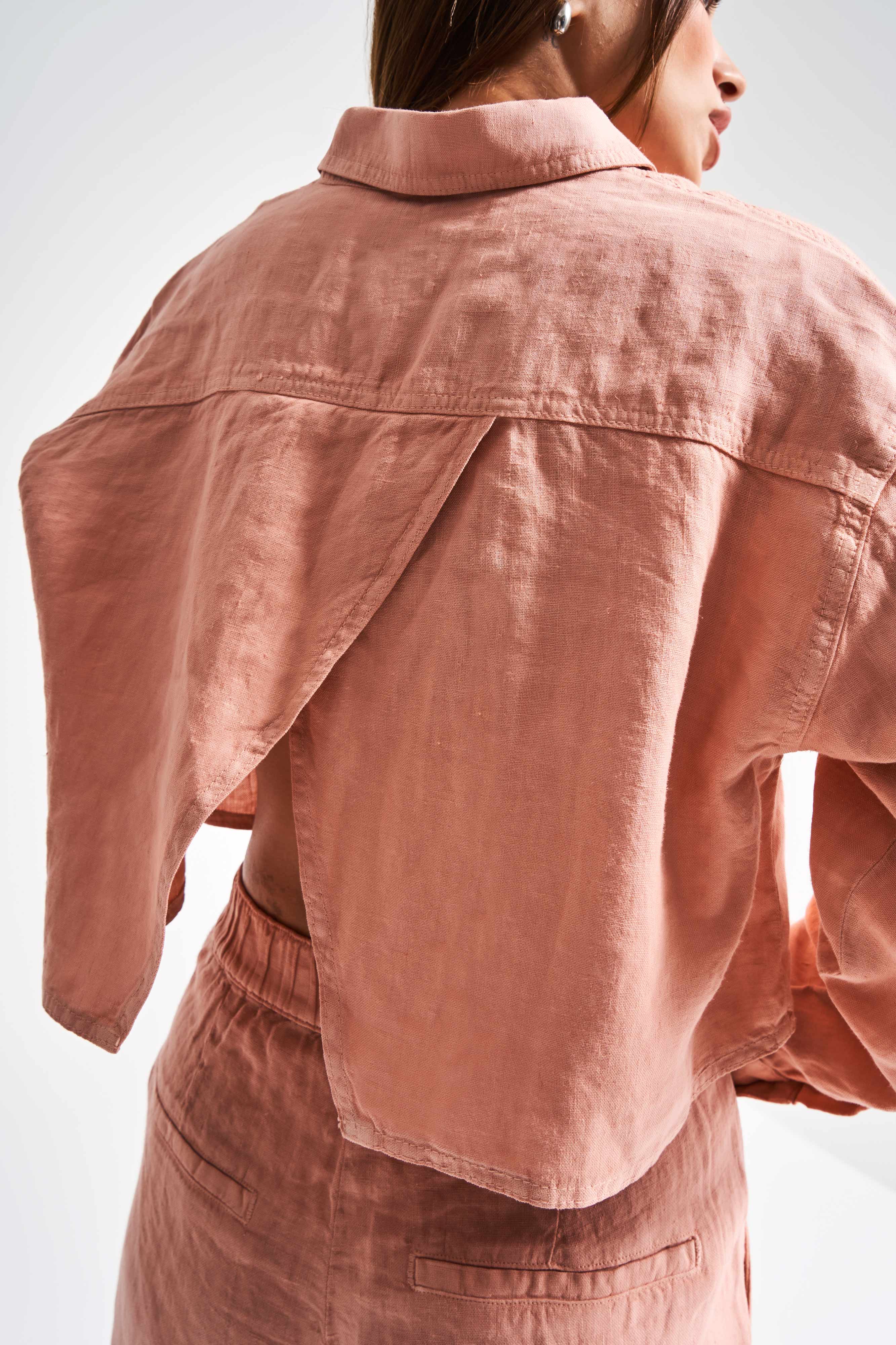 Kadın Orkide Pudra Renk 6s5-21 Keten Kumaş Oversize Gömlek