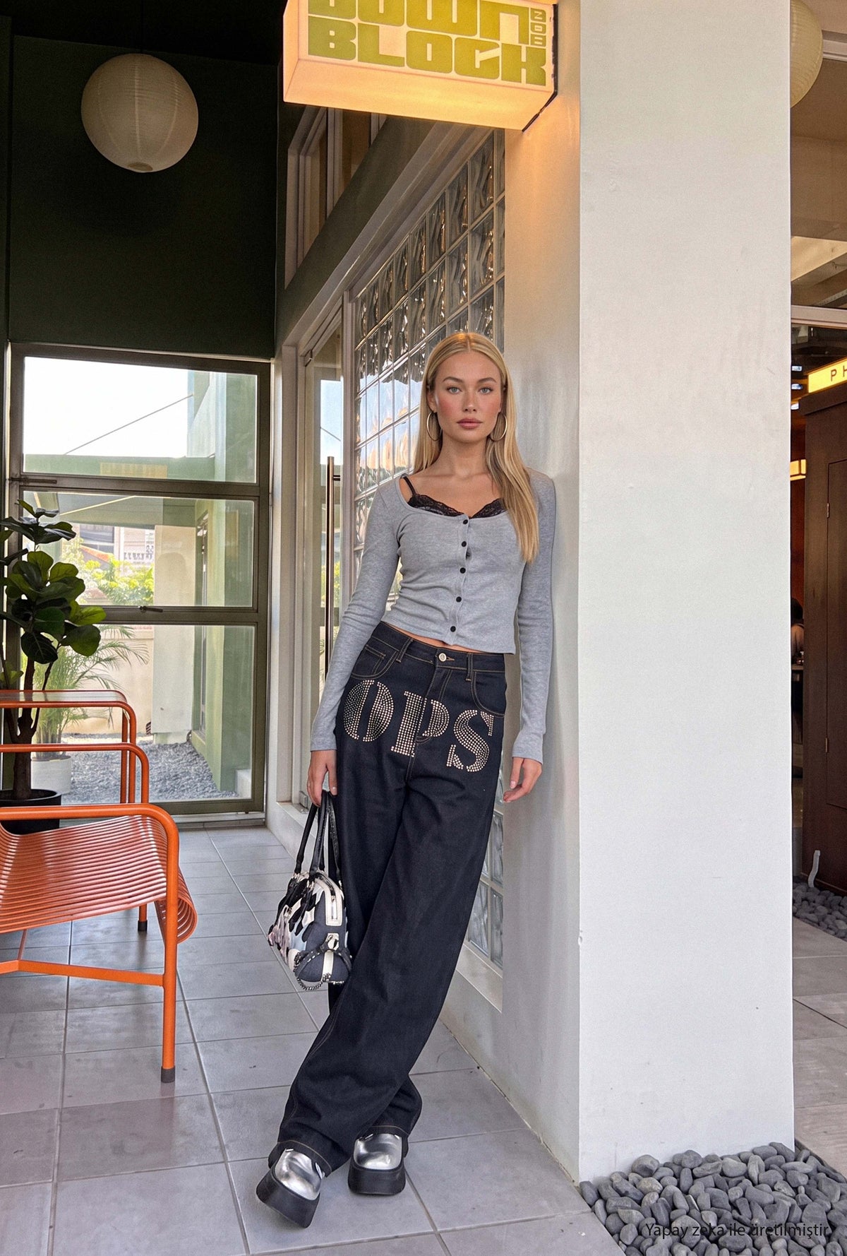 Kadın İndigo Palazzo Taş Baskılı Özel Tasarım Denim Jean