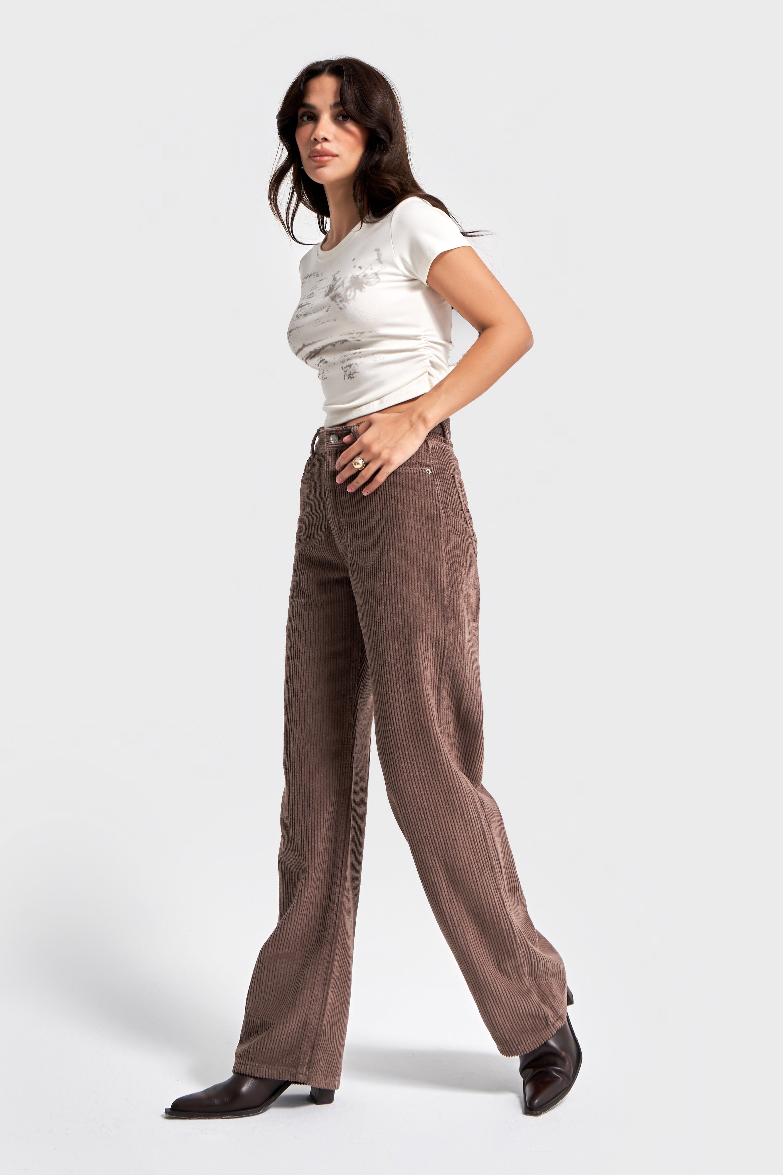 Kadın Pastel Kahve Doris 29w5-140 Straight Fit Yüksek Bel Kalın Fitilli Velvet Kadife Kumaş Pantolon