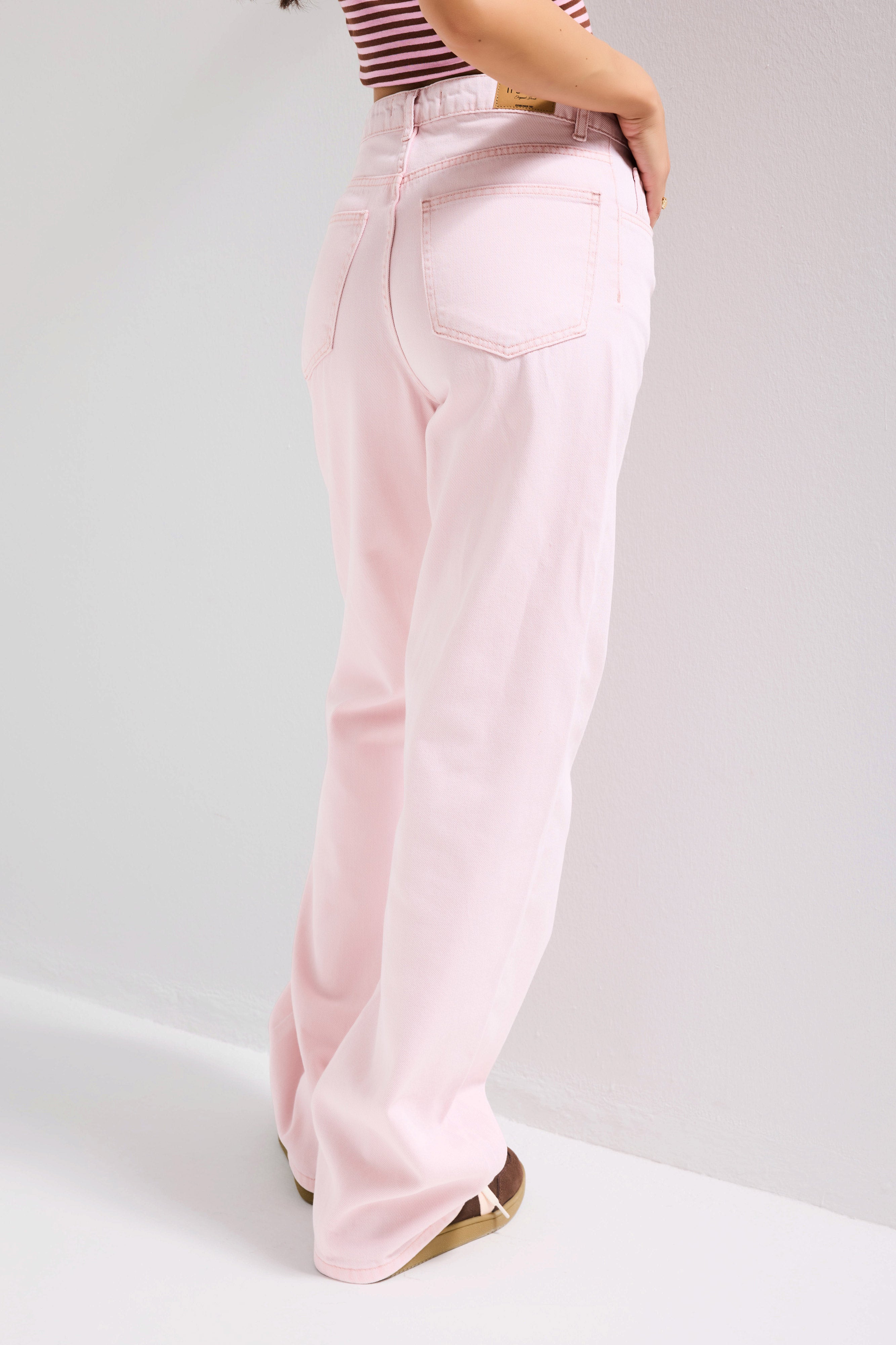 Kadın Pembe 3s6-98 Loose Fit Orta Bel %100 Koton Denim Jean