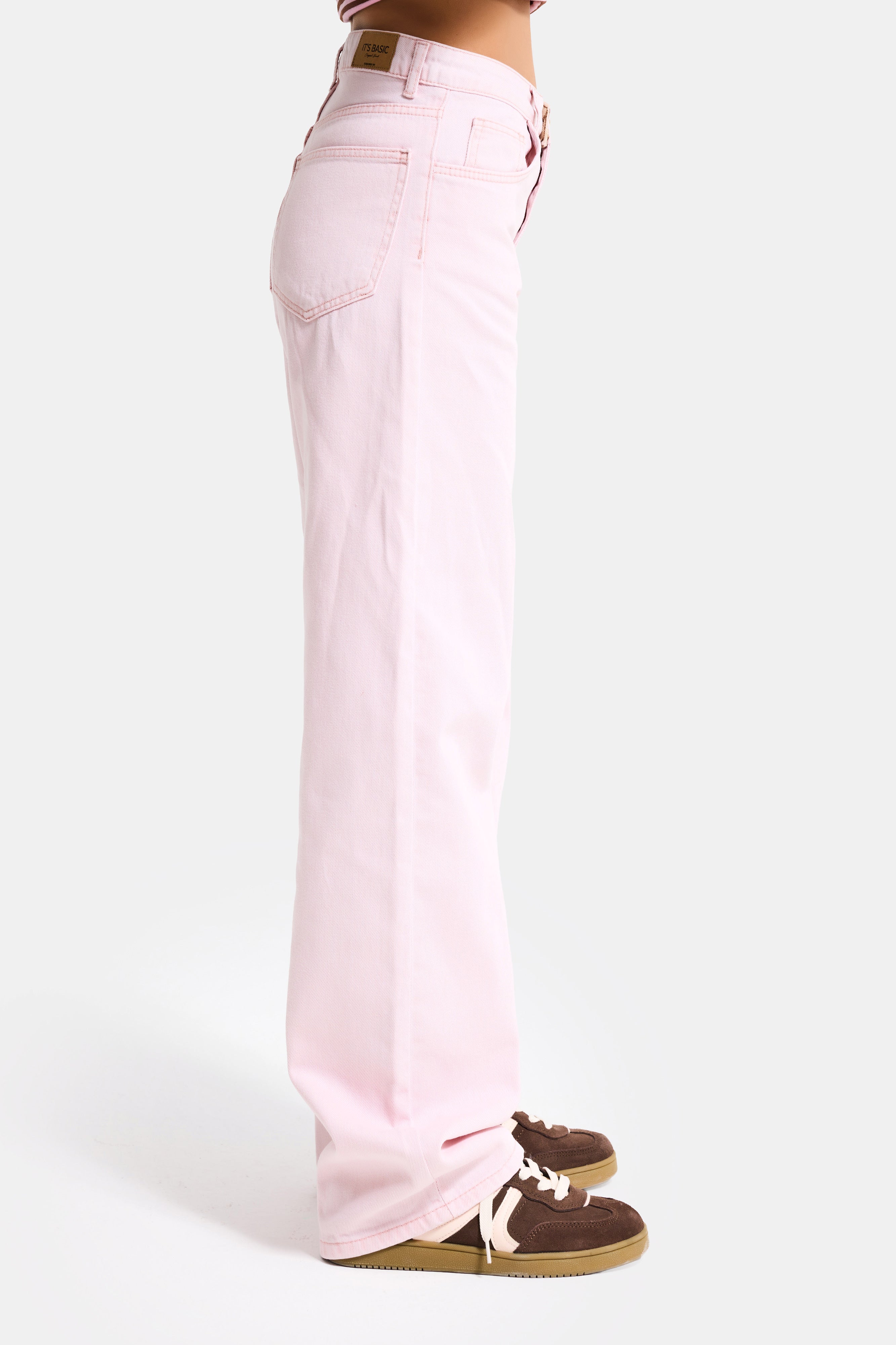 Kadın Pembe 3s6-98 Loose Fit Orta Bel %100 Koton Denim Jean