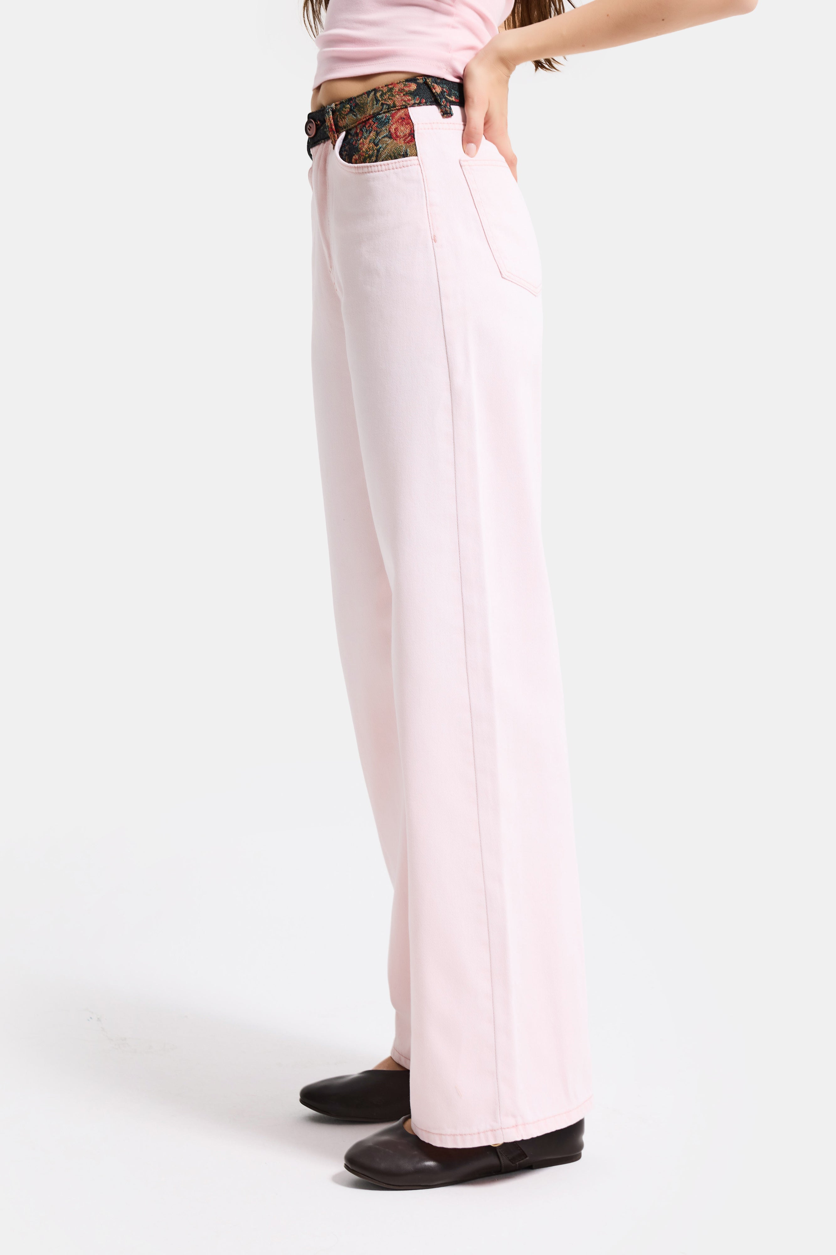Kadın Pembe 3s6-98 Wide Leg Etnik Desenli Tasarım Denim Jean