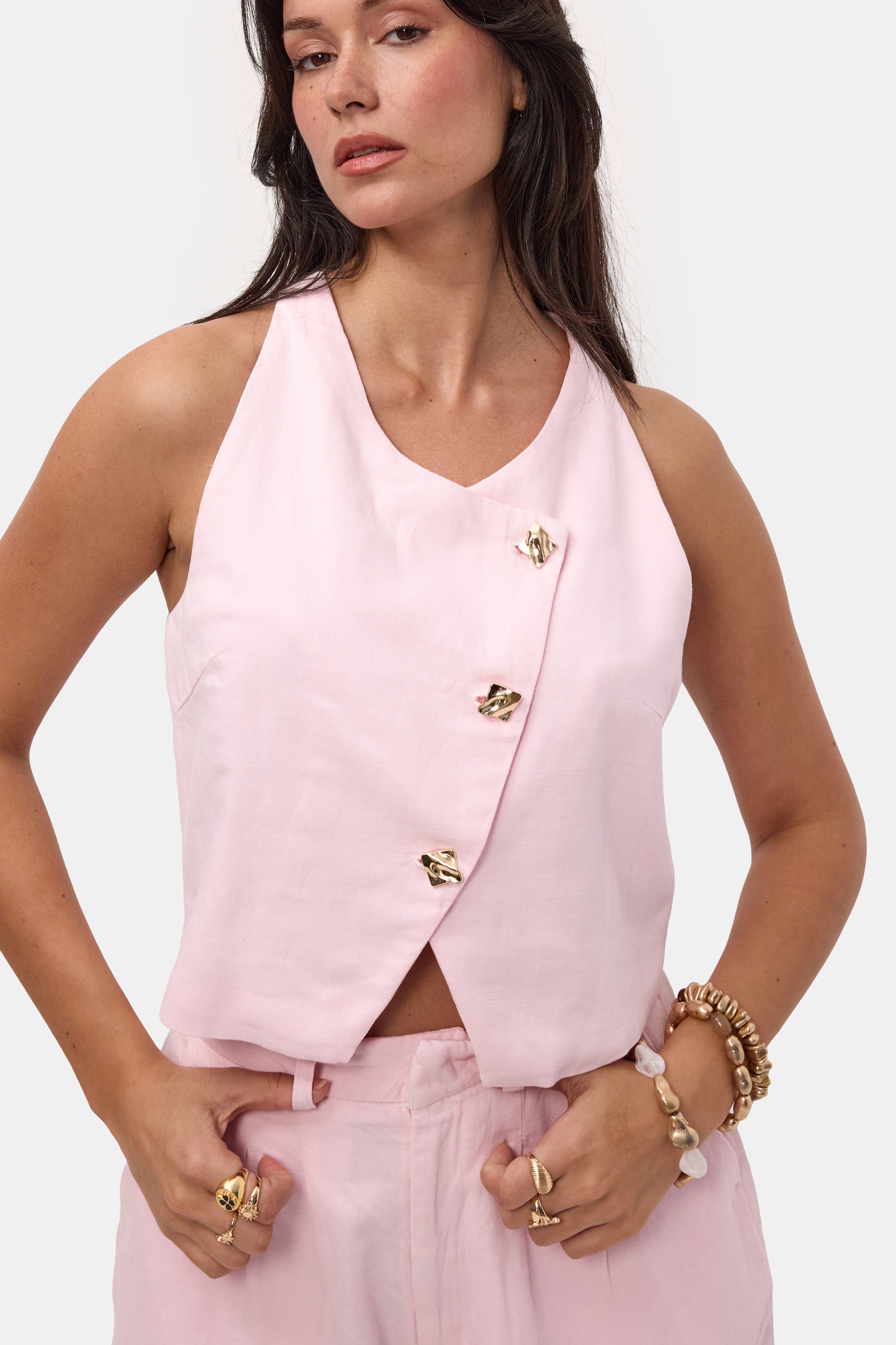 Kadın Pembe 6s6-98 Crop Özel Tasarım Organik Keten Yelek