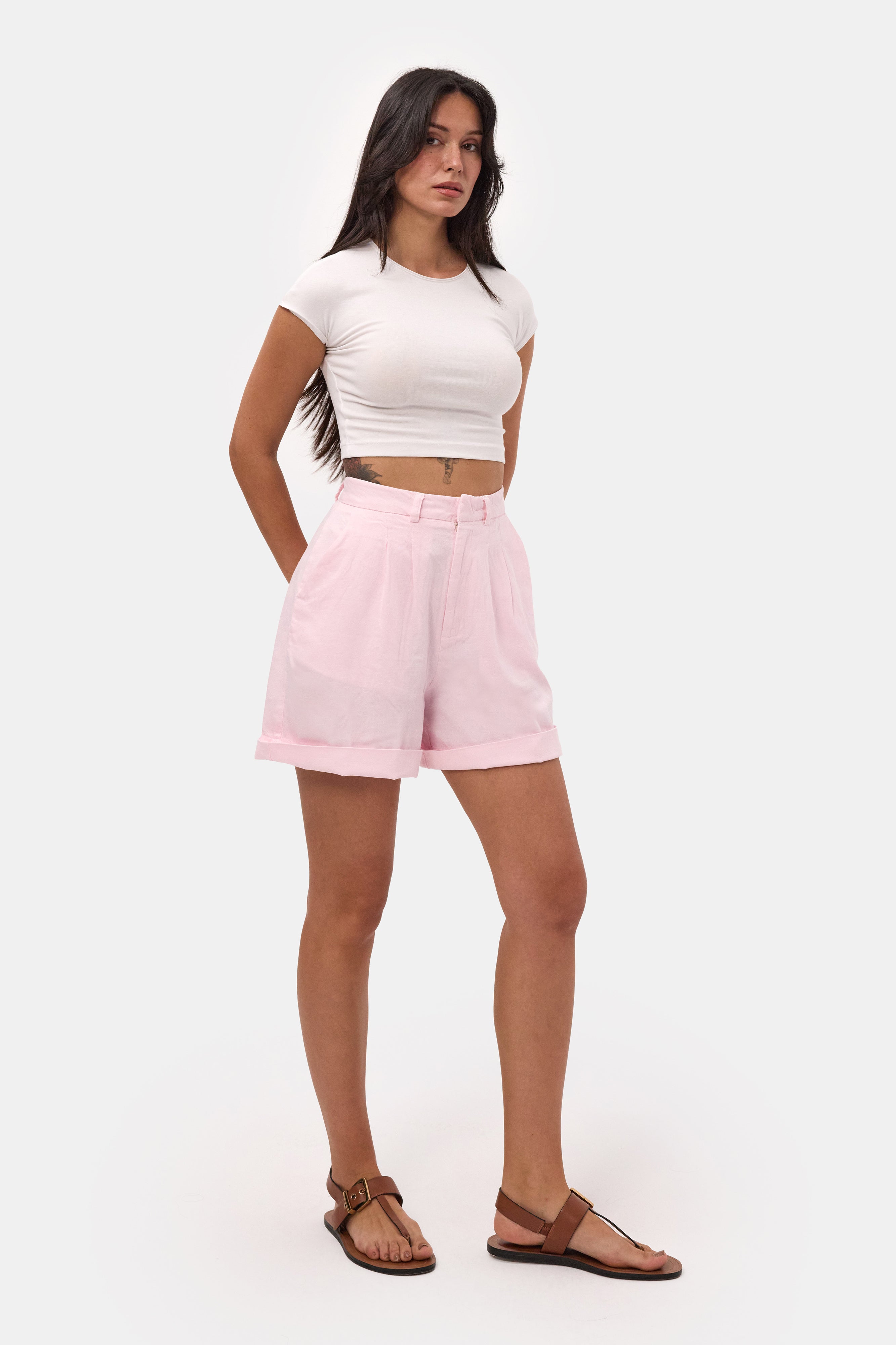 Kadın Pembe 6s6-98 Mom Relax Fit Organik Keten Kumaş Şort