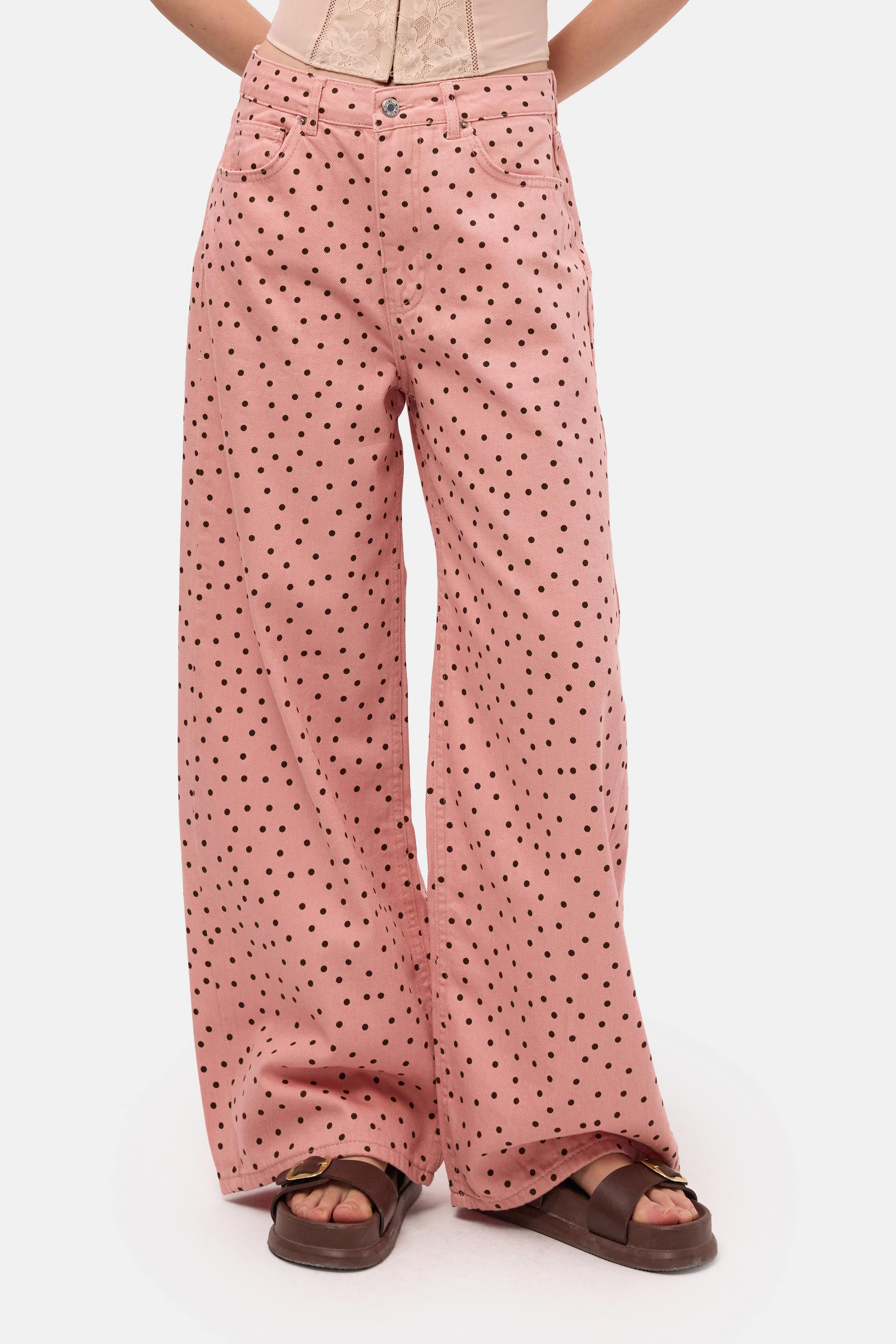 Kadın Pembe 7s6-98 Süper Baggy Fit Puantiyeli Denim Jean