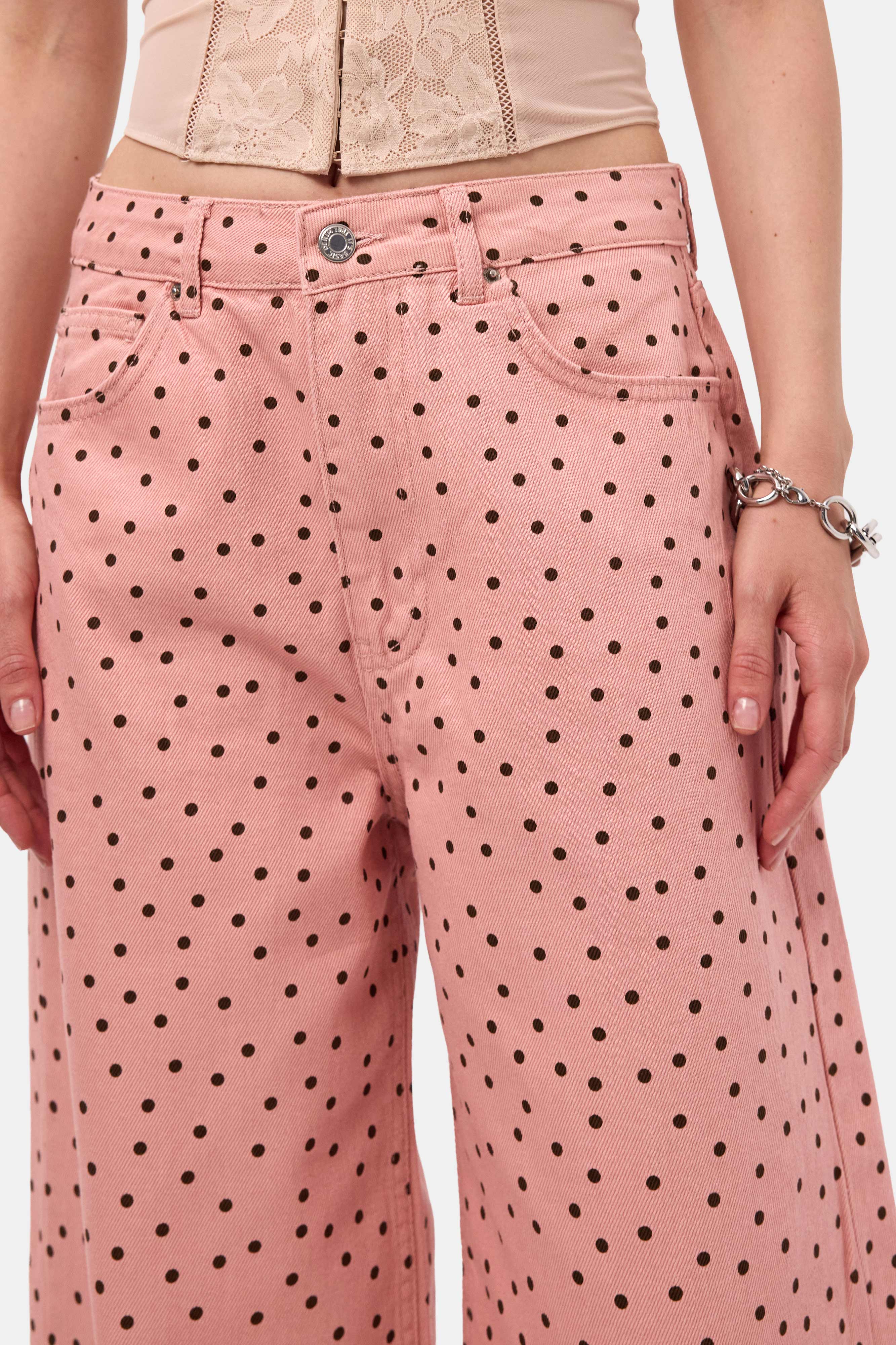 Kadın Pembe 7s6-98 Süper Baggy Fit Puantiyeli Denim Jean