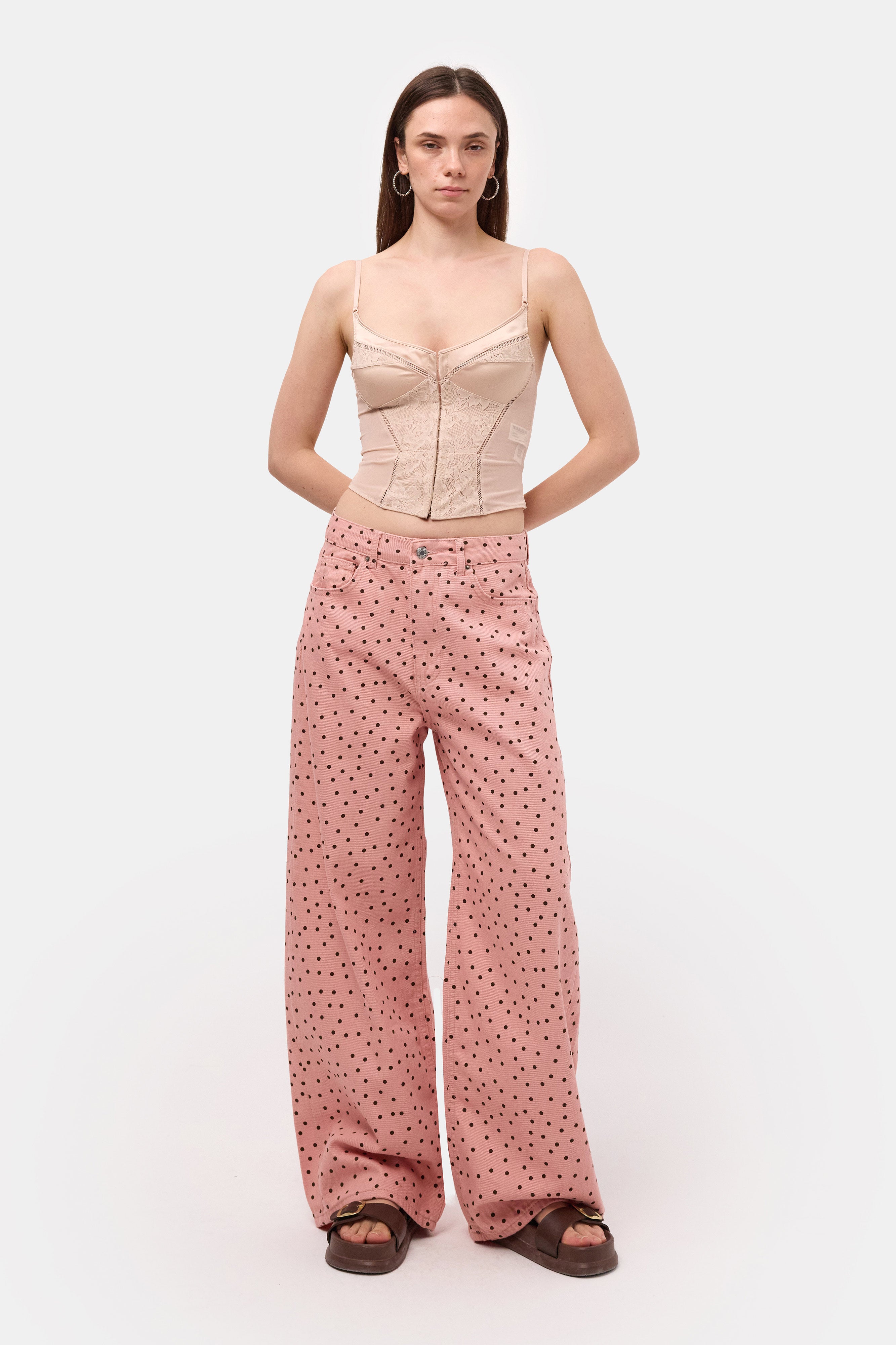 Kadın Pembe 7s6-98 Süper Baggy Fit Puantiyeli Denim Jean