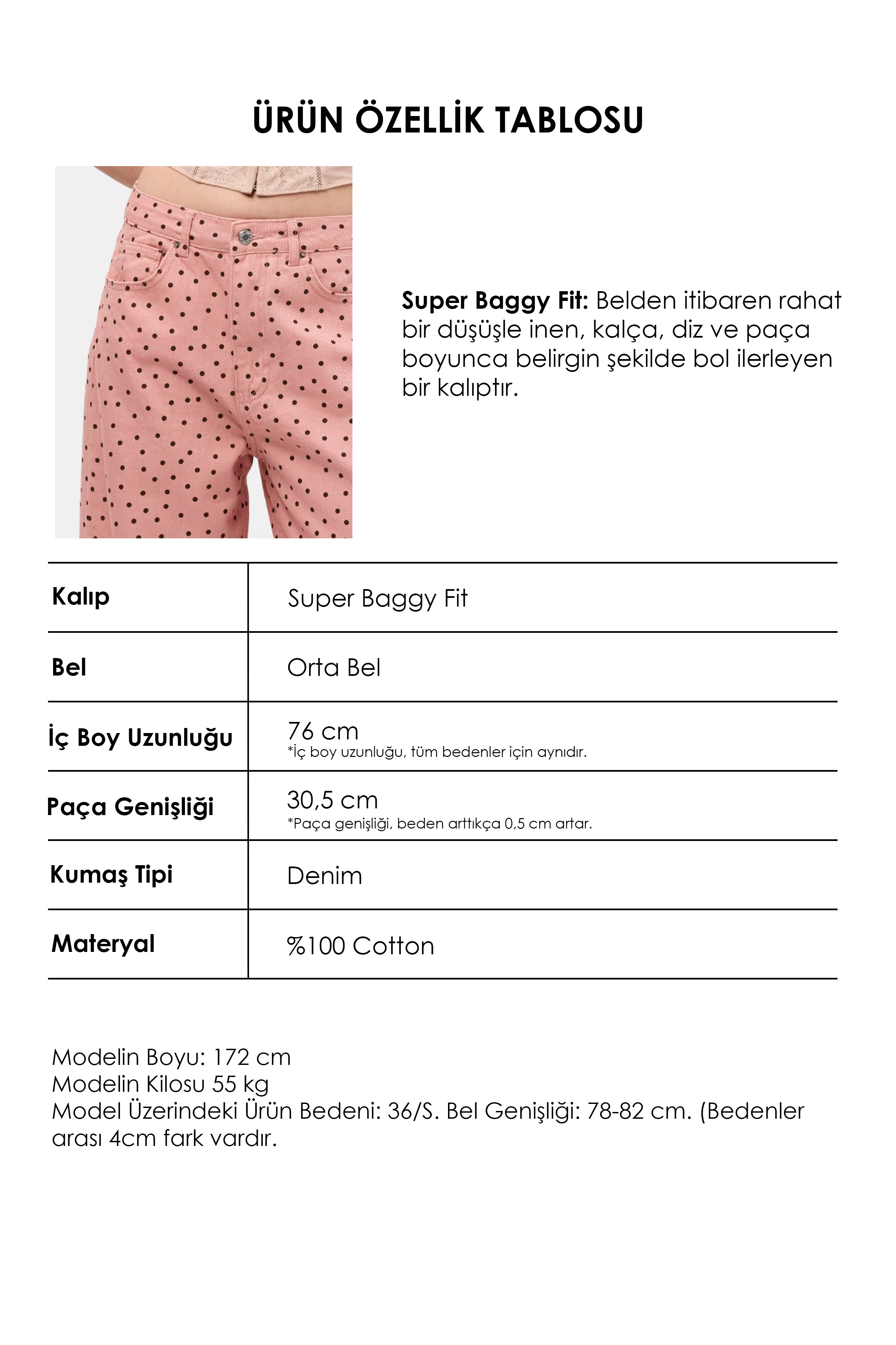Kadın Pembe 7s6-98 Süper Baggy Fit Puantiyeli Denim Jean