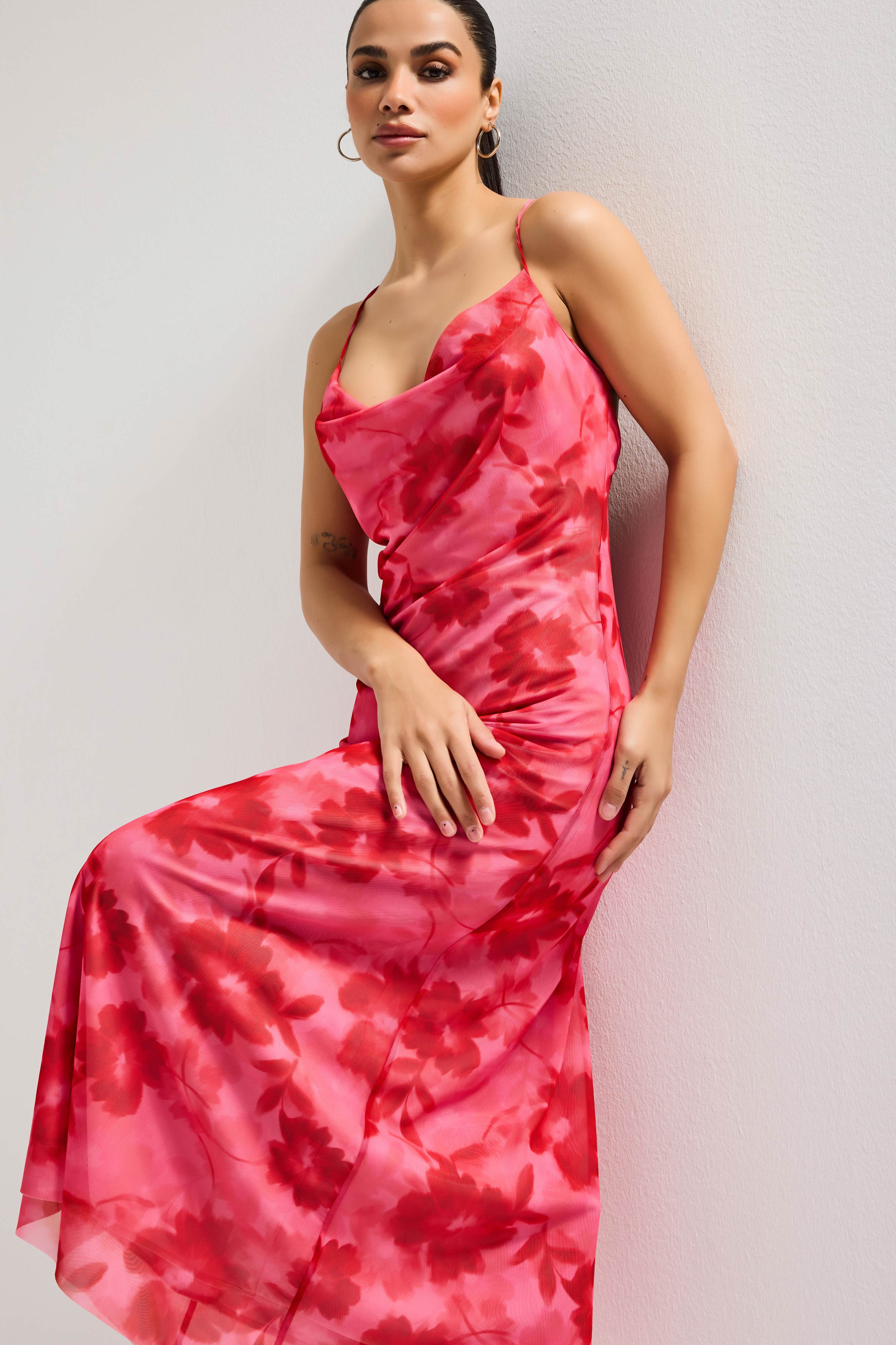 Kadın Pembe Baskılı s6 Çiçek Desen-5 Maxi Boy Özel Tasarım Elastan Elbise