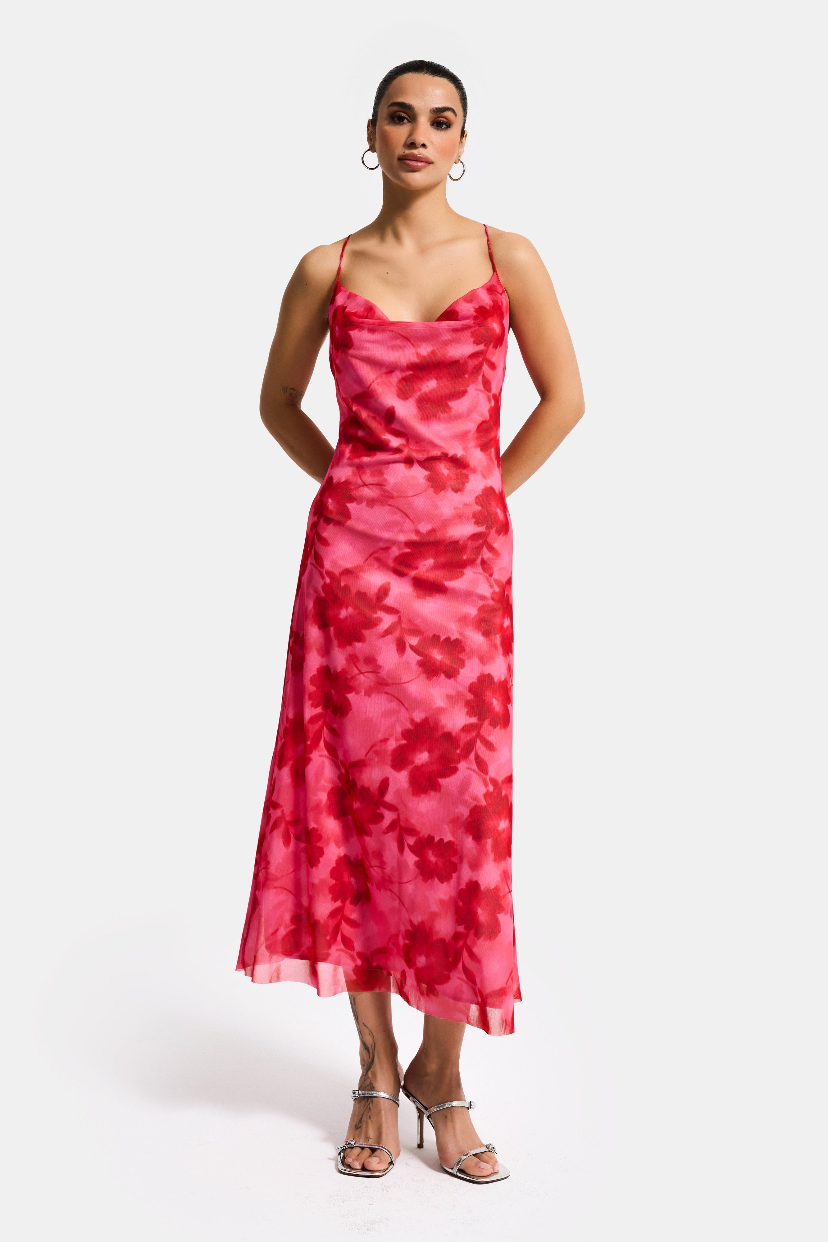 Kadın Pembe Baskılı s6 Çiçek Desen-5 Maxi Boy Özel Tasarım Elastan Elbise