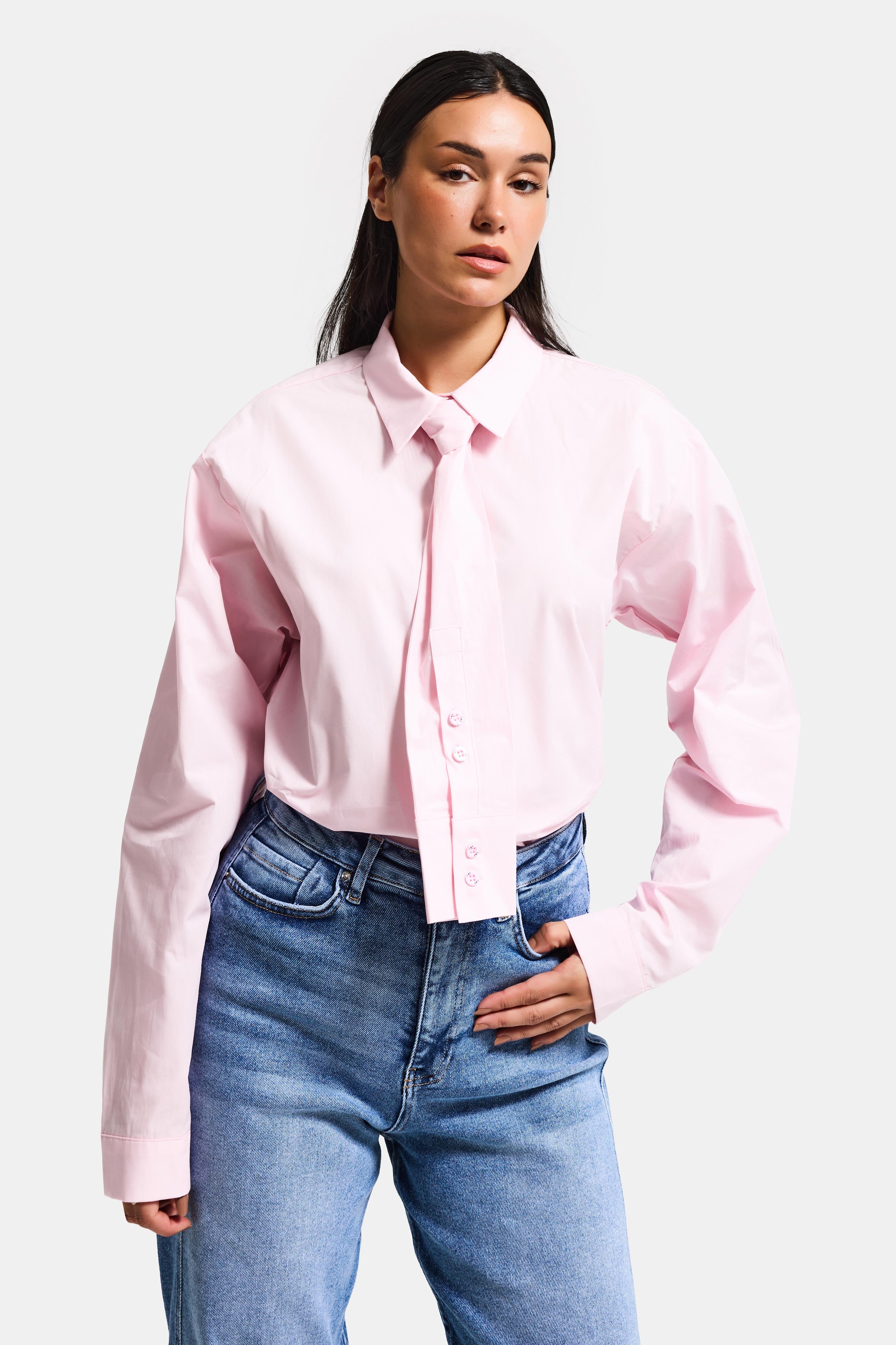 Kadın Pembe Oversize Kravat Detaylı Özel Tasarım Bol Kesim Gömlek