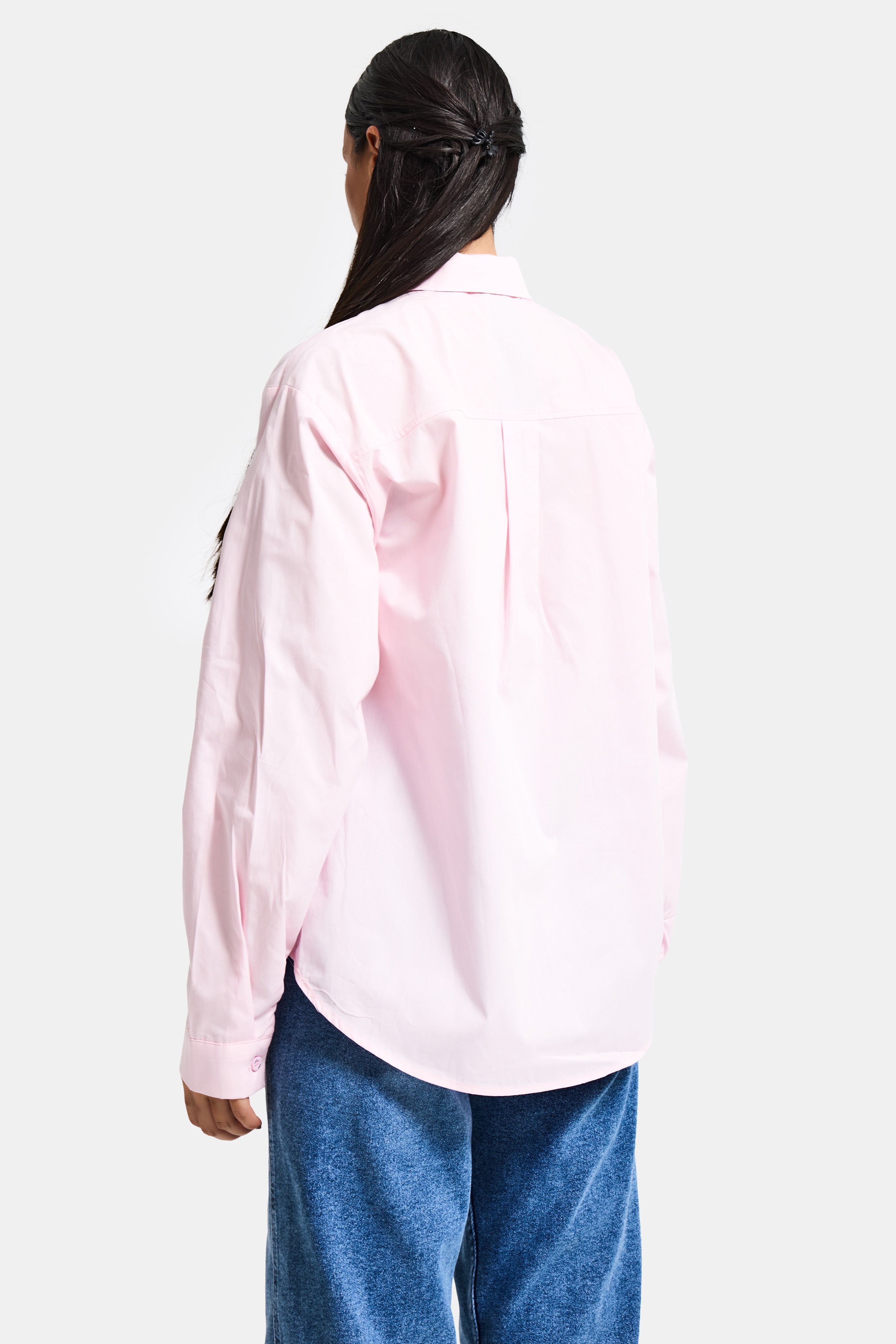 Kadın Pembe Oversize Kravat Detaylı Özel Tasarım Bol Kesim Gömlek